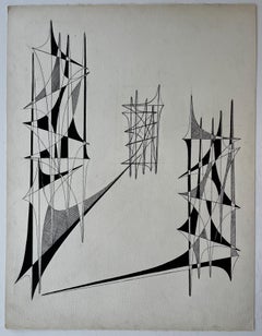Mid Century French Geometric Abstract Ink Drawing on Paper