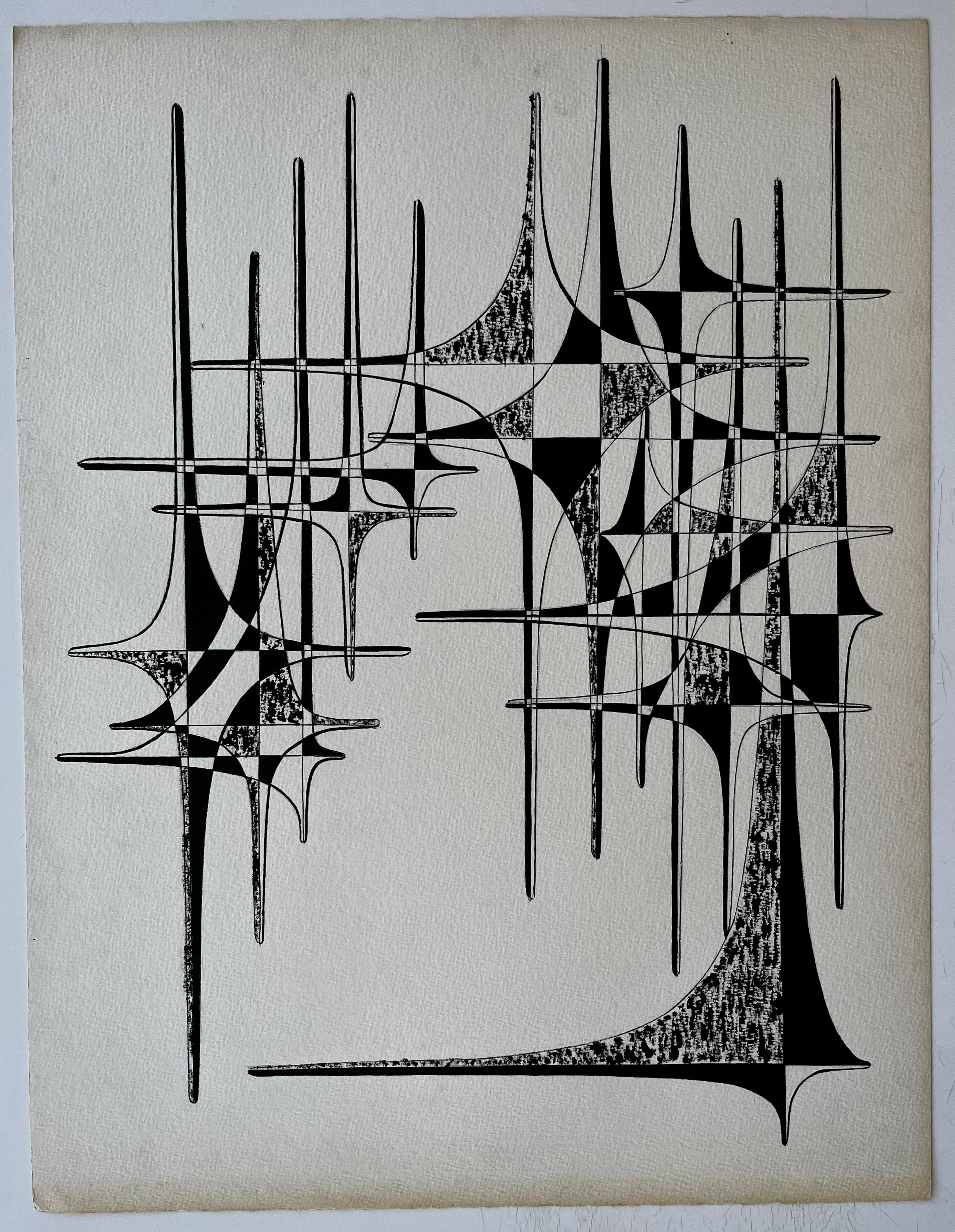 Mid Century French Geometric Abstract Ink Drawing on Paper (Geometrische Abstraktion), Art, von Serge Guerin (1916)