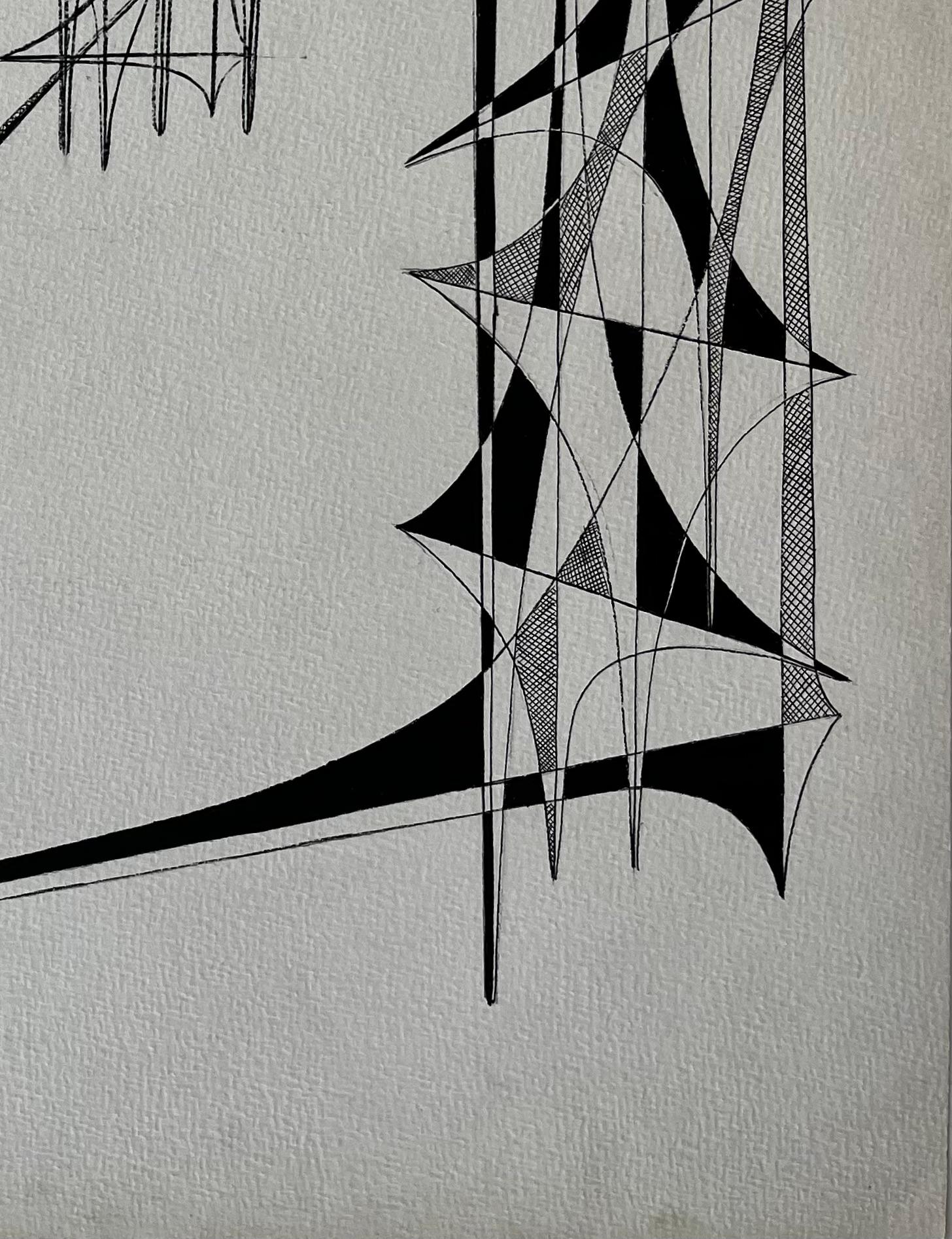 Mid Century French Geometric Abstract Ink Drawing on Paper - Abstract Geometric Painting by Serge Guerin (1916)