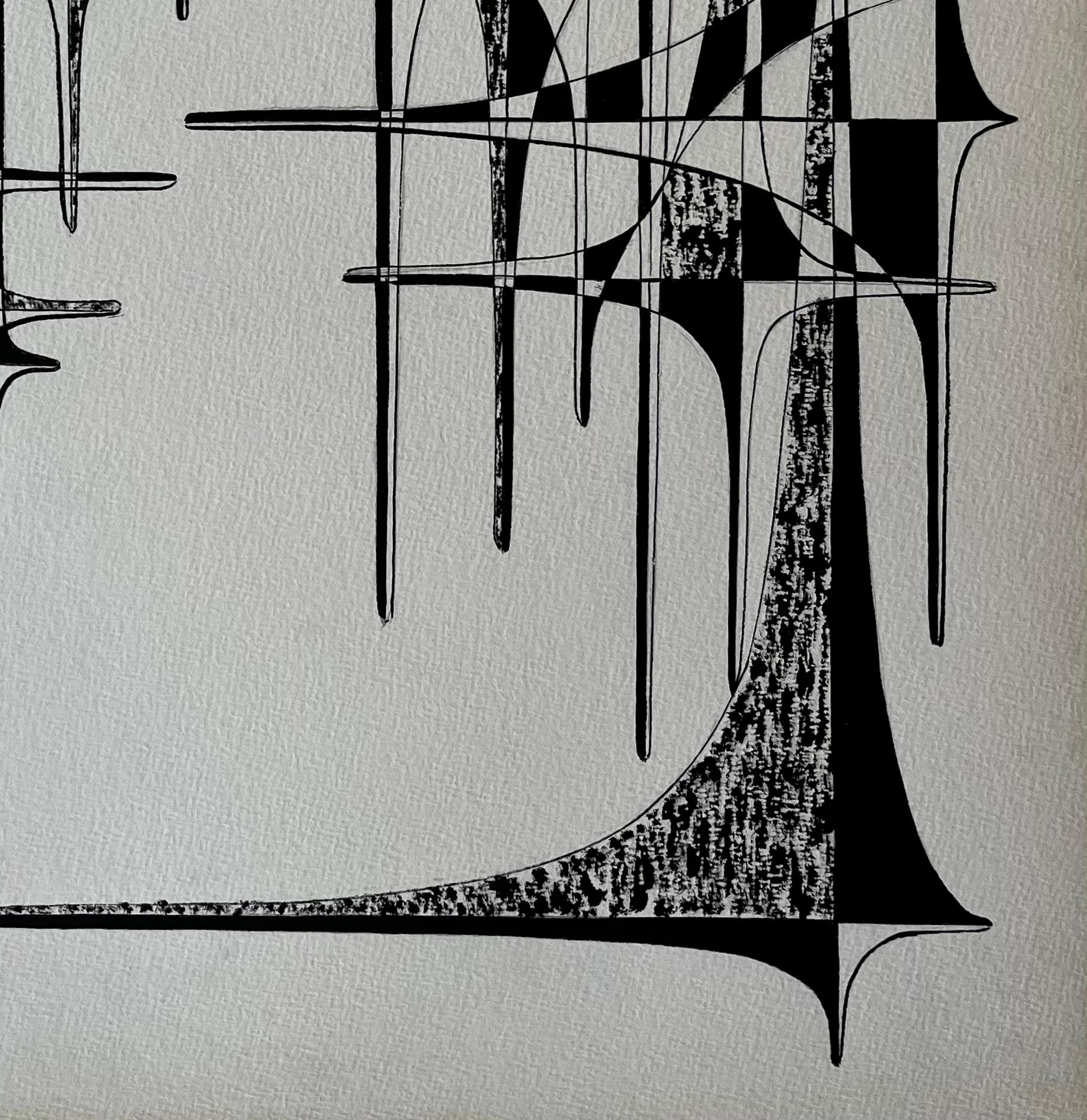 Title: Mid Century French Geometric Abstract Ink Drawing on Paper
by Serge Guerin (b. 1916), French
Black ink on paper, unframed
Size: 25.75 (height) x 19.75 (width) inches
Provenance: private collection, Paris, France
Condition: good overall; light