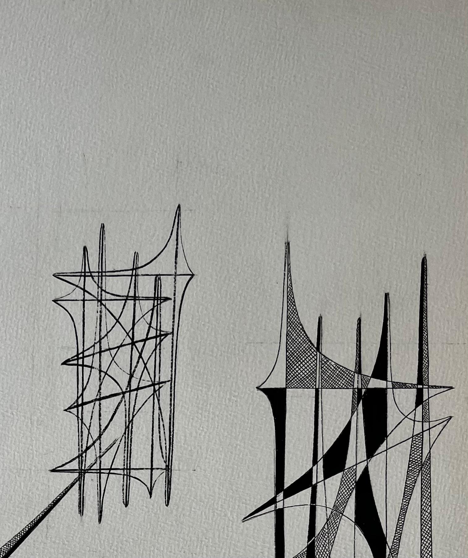 Mid Century French Geometric Abstract Ink Drawing on Paper - Gray Abstract Painting by Serge Guerin (1916)