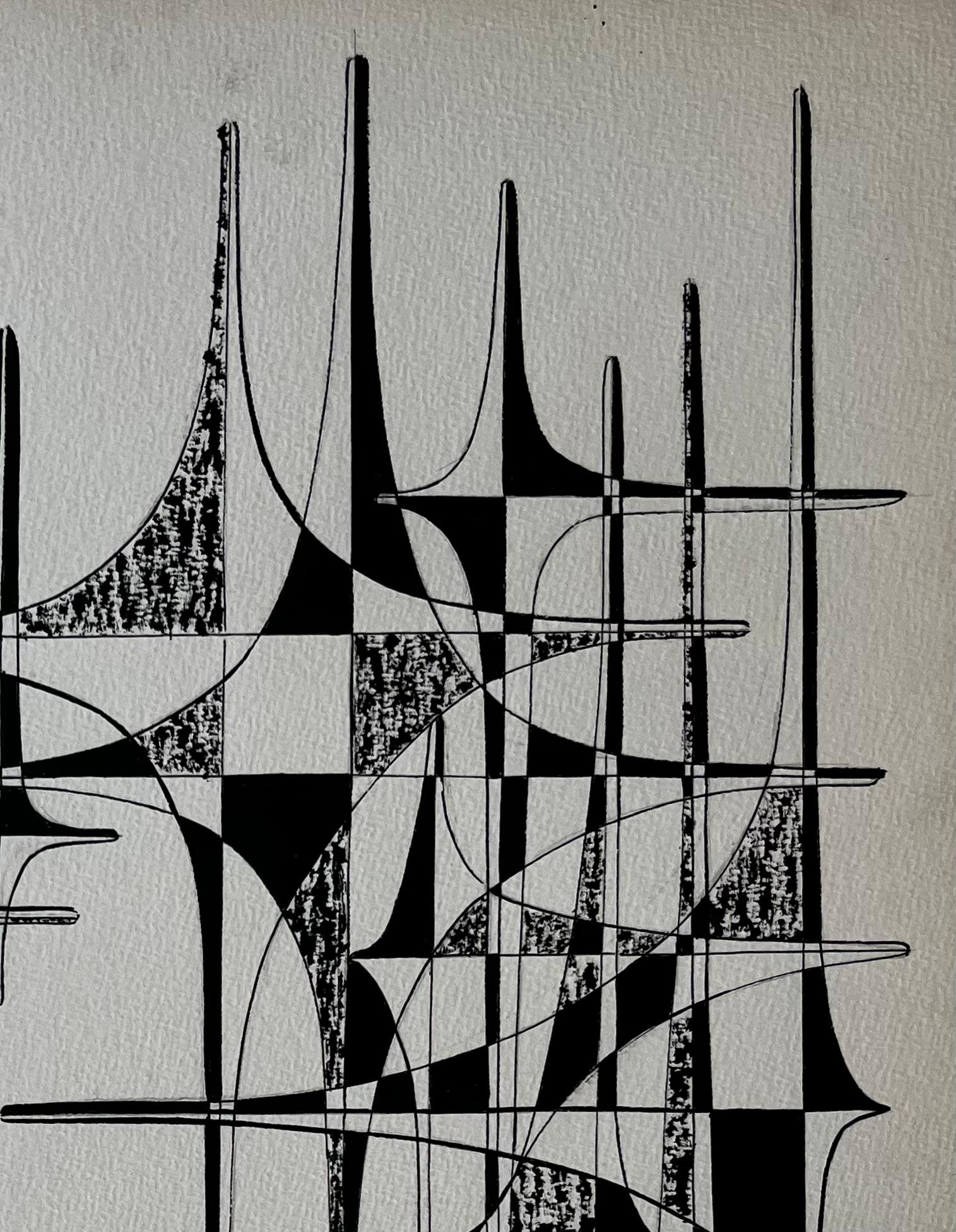 Mid Century French Geometric Abstract Ink Drawing on Paper im Angebot 1