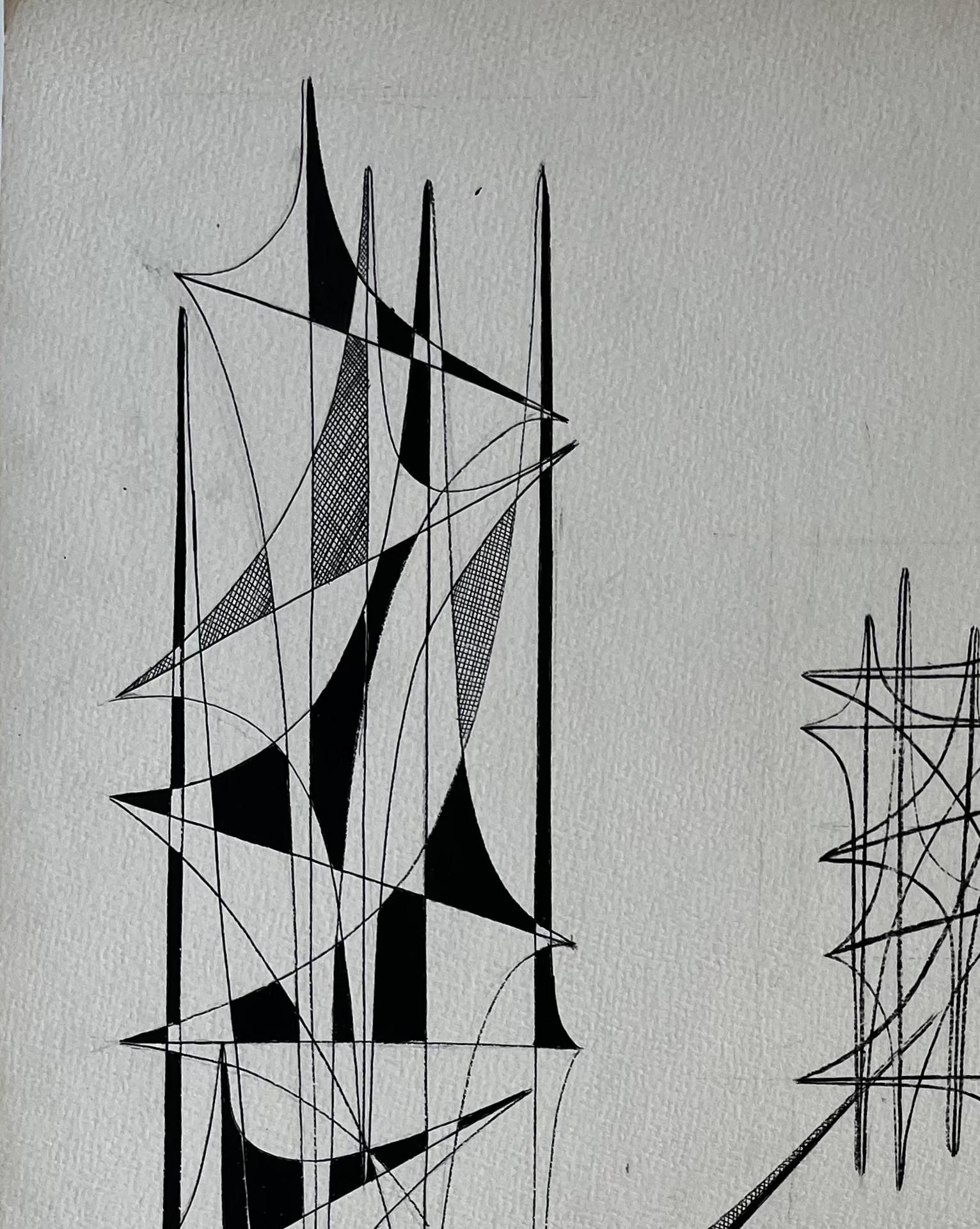 Title: Mid Century French Geometric Abstract Ink Drawing on Paper
by Serge Guerin (b. 1916), French
Black ink on paper, unframed
Size: 26 (height) x 19.75 (width) inches
Provenance: private collection, Paris, France
Condition: good overall; light