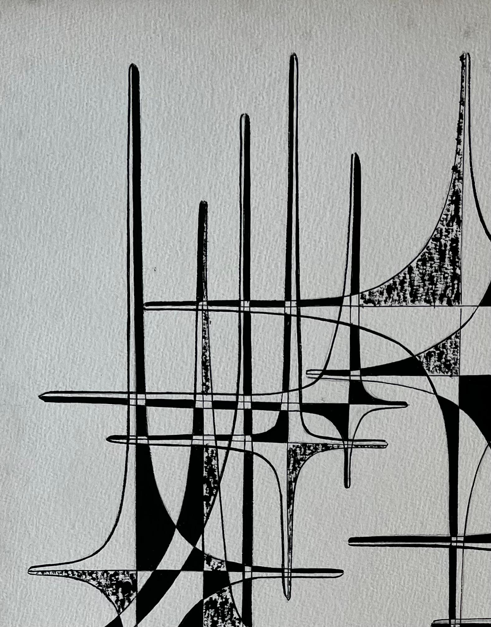 Mid Century French Geometric Abstract Ink Drawing on Paper im Angebot 2