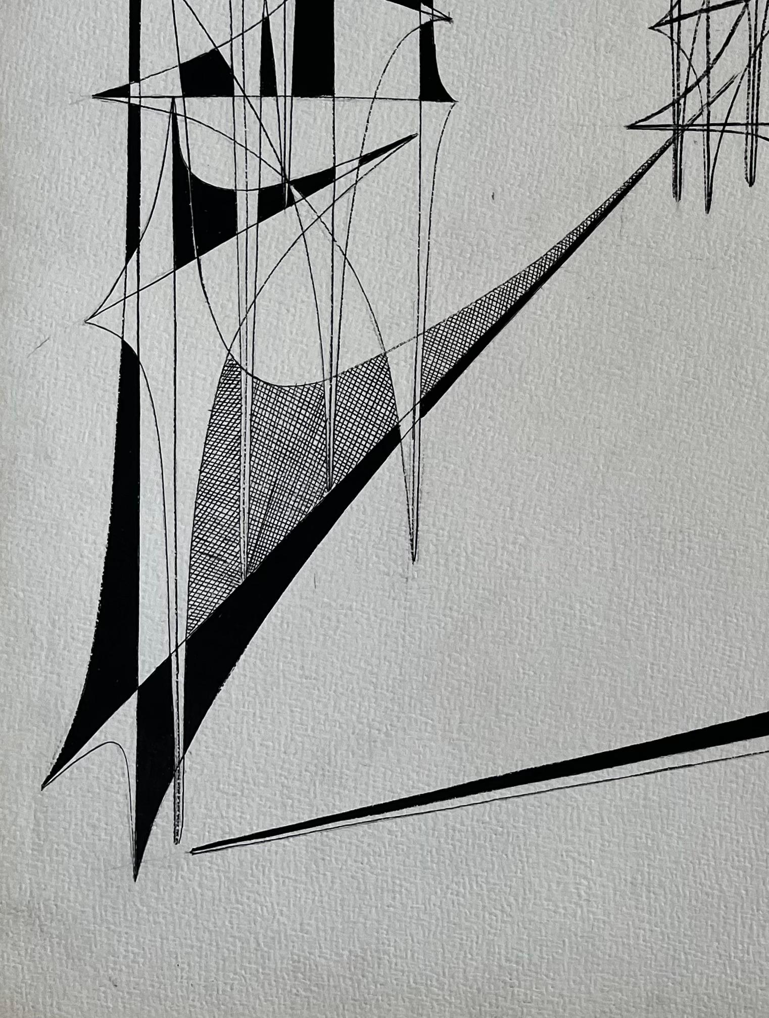 Mid Century French Geometric Abstract Ink Drawing on Paper For Sale 1