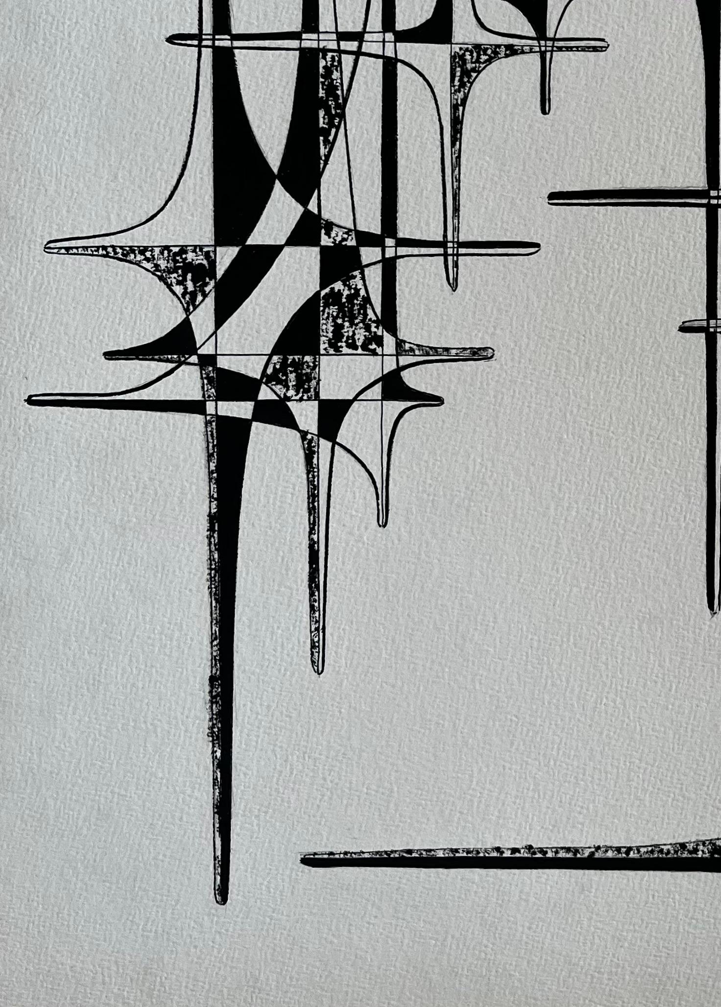 Mid Century French Geometric Abstract Ink Drawing on Paper im Angebot 3
