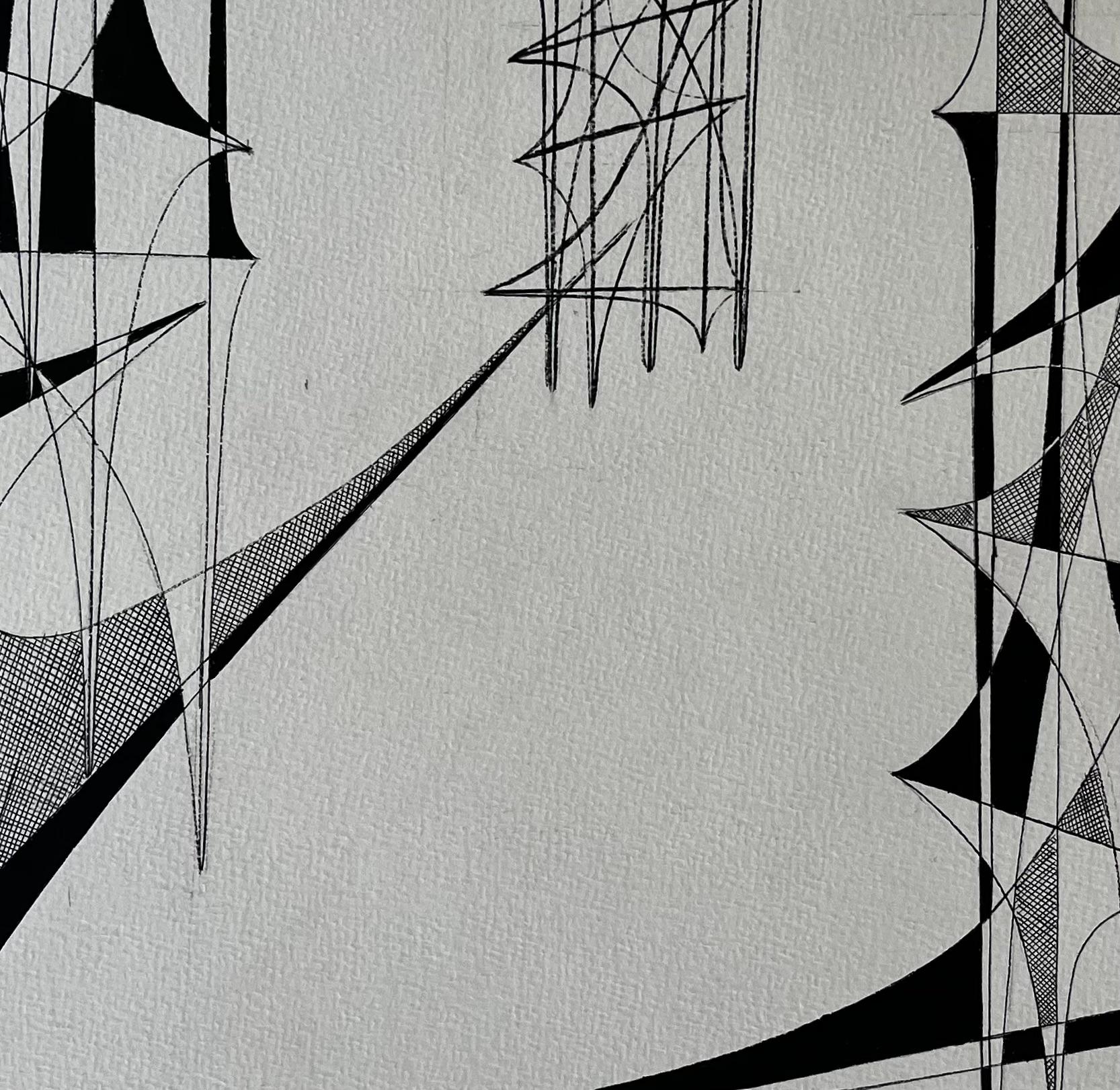 Mid Century French Geometric Abstract Ink Drawing on Paper For Sale 2