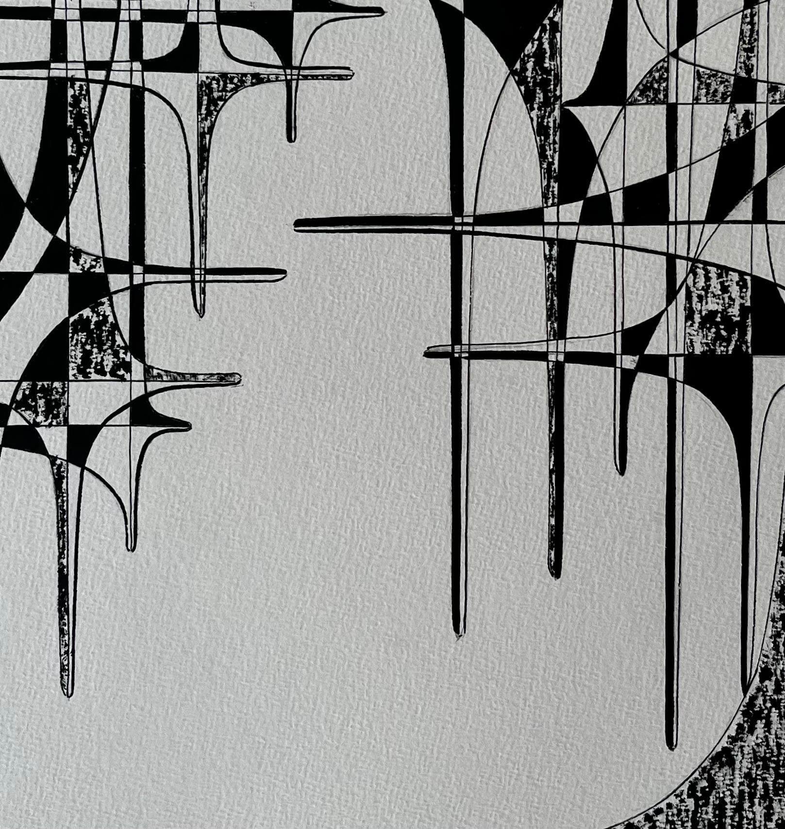 Mid Century French Geometric Abstract Ink Drawing on Paper im Angebot 4