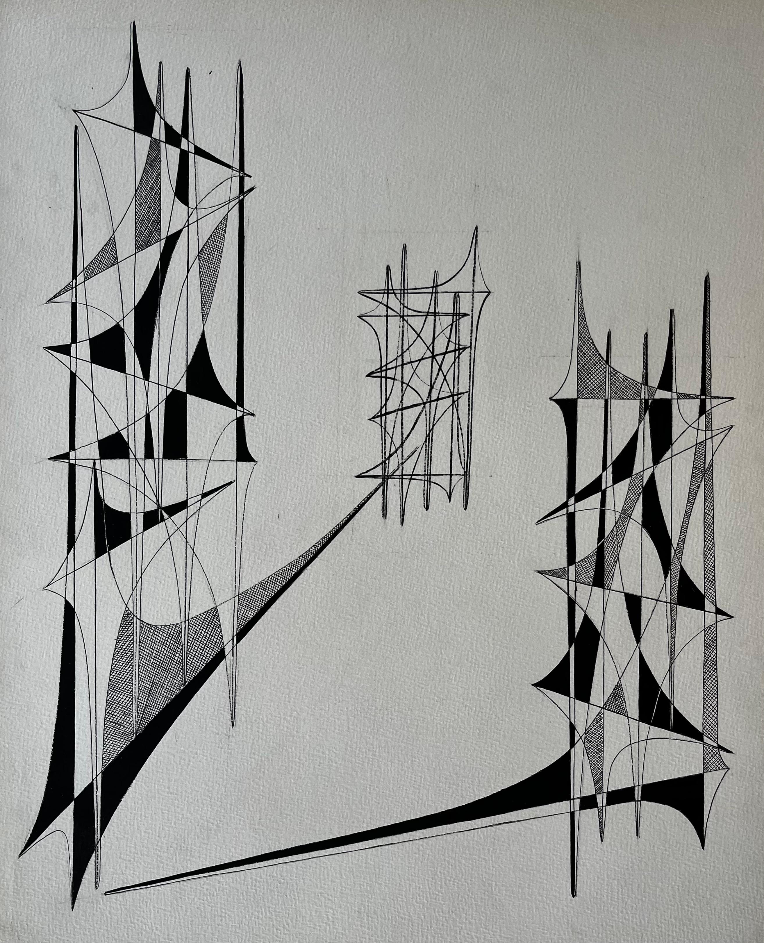 Mid Century French Geometric Abstract Ink Drawing on Paper