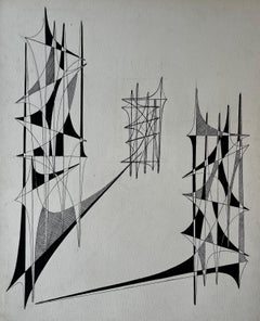 Mid Century French Geometric Abstract Ink Drawing on Paper