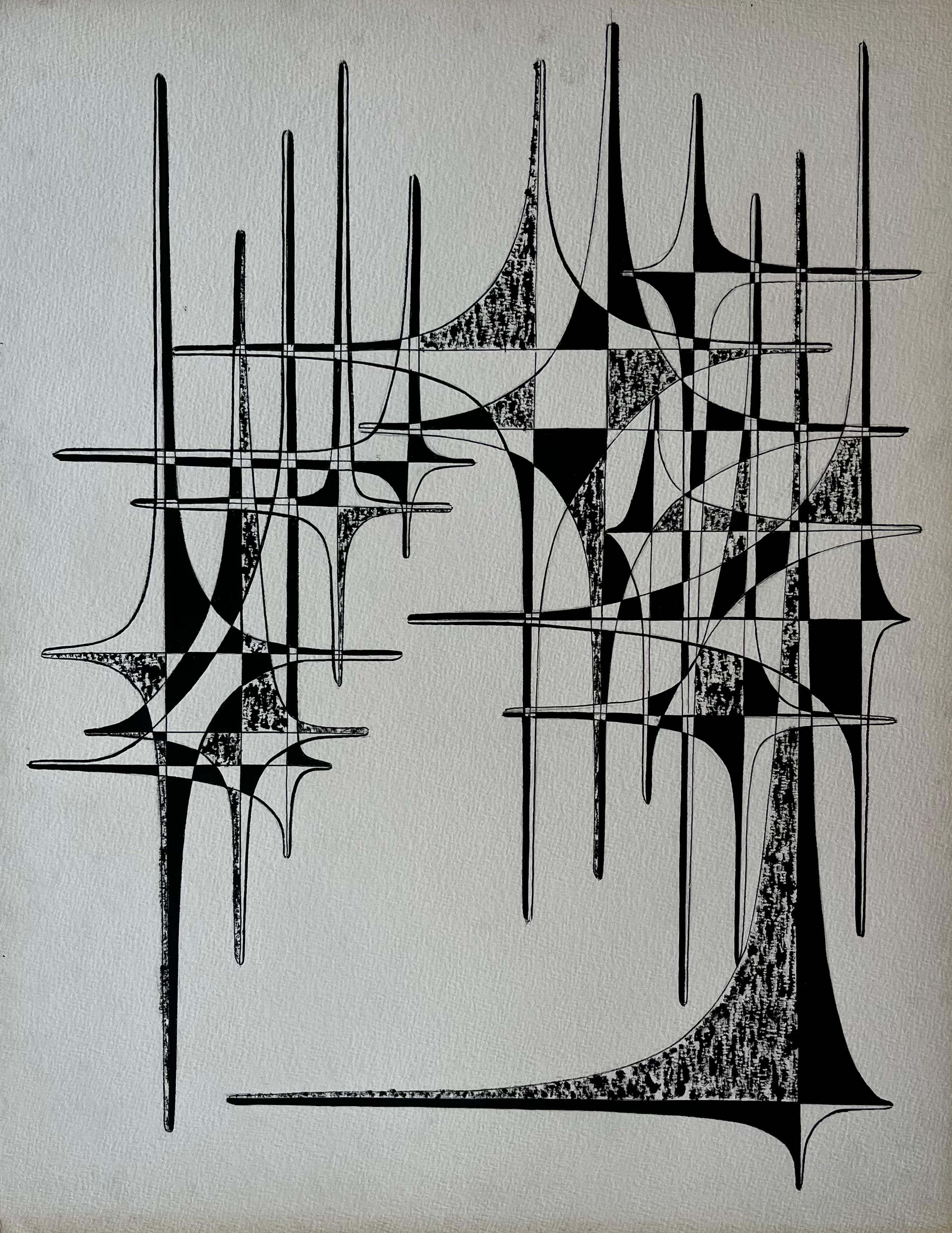 Mid Century French Geometric Abstract Ink Drawing on Paper