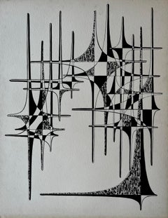 Mid Century French Geometric Abstract Ink Drawing on Paper