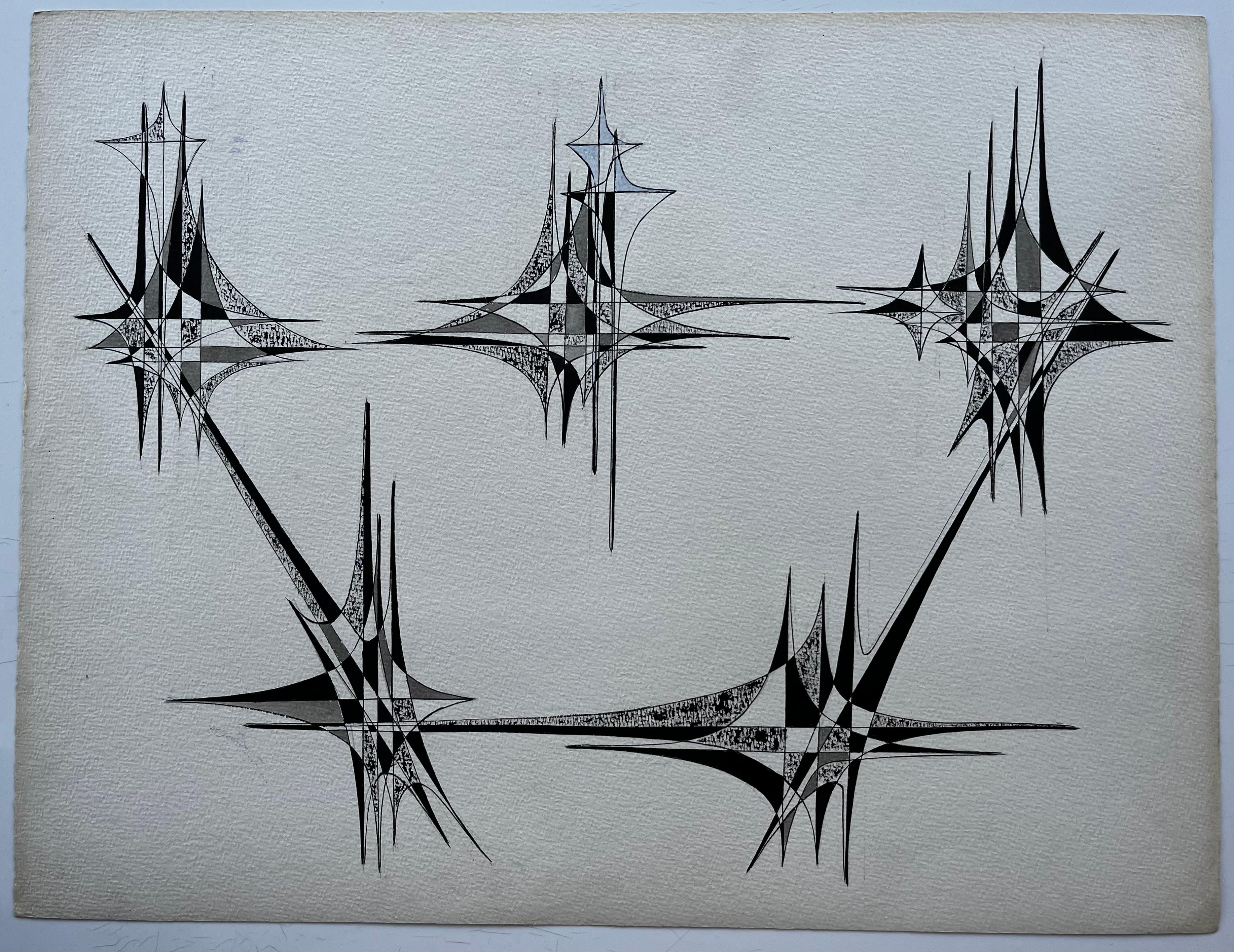 Mid Century French Geometric Abstract Starburst Composition Ink on Paper - Abstract Geometric Art by Serge Guerin (1916)
