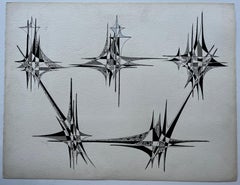 Mid Century French Geometric Abstract Starburst Composition Ink on Paper