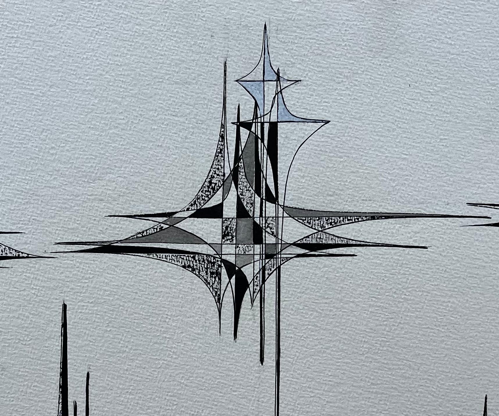 Mid Century French Geometric Abstract Starburst Composition Ink on Paper For Sale 1