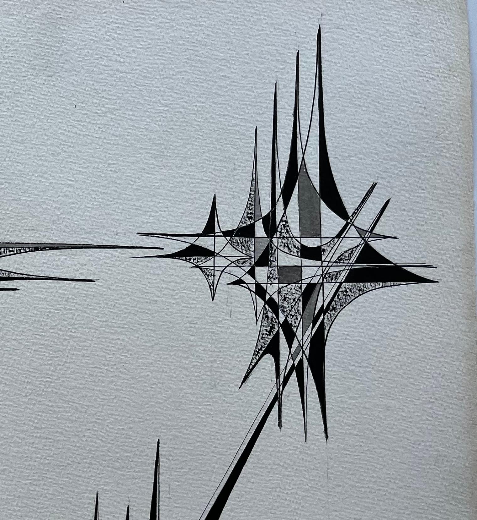 Mid Century French Geometric Abstract Starburst Composition Ink on Paper For Sale 2