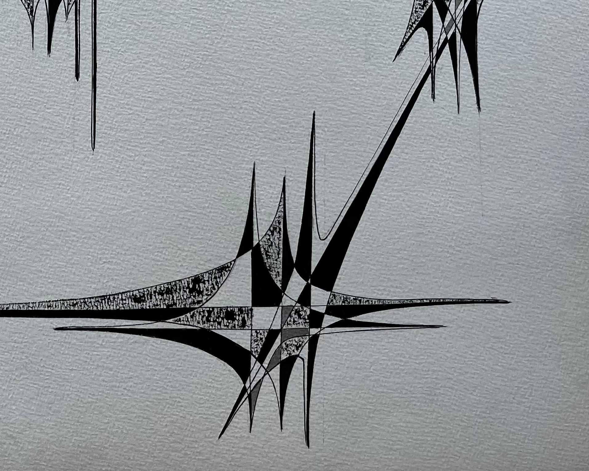 Mid Century French Geometric Abstract Starburst Composition Ink on Paper For Sale 3