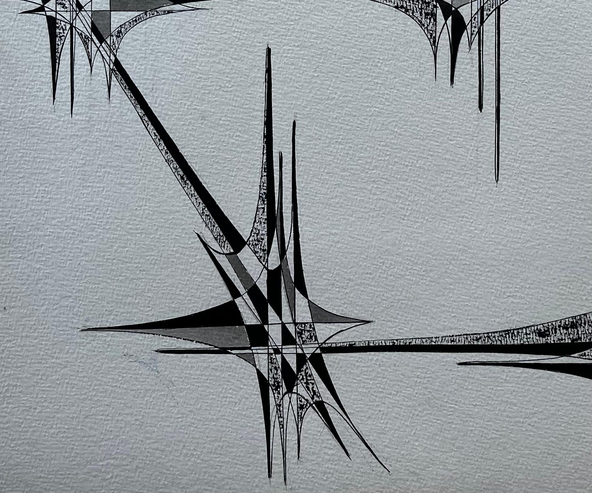 Mid Century French Geometric Abstract Starburst Composition Ink on Paper For Sale 4