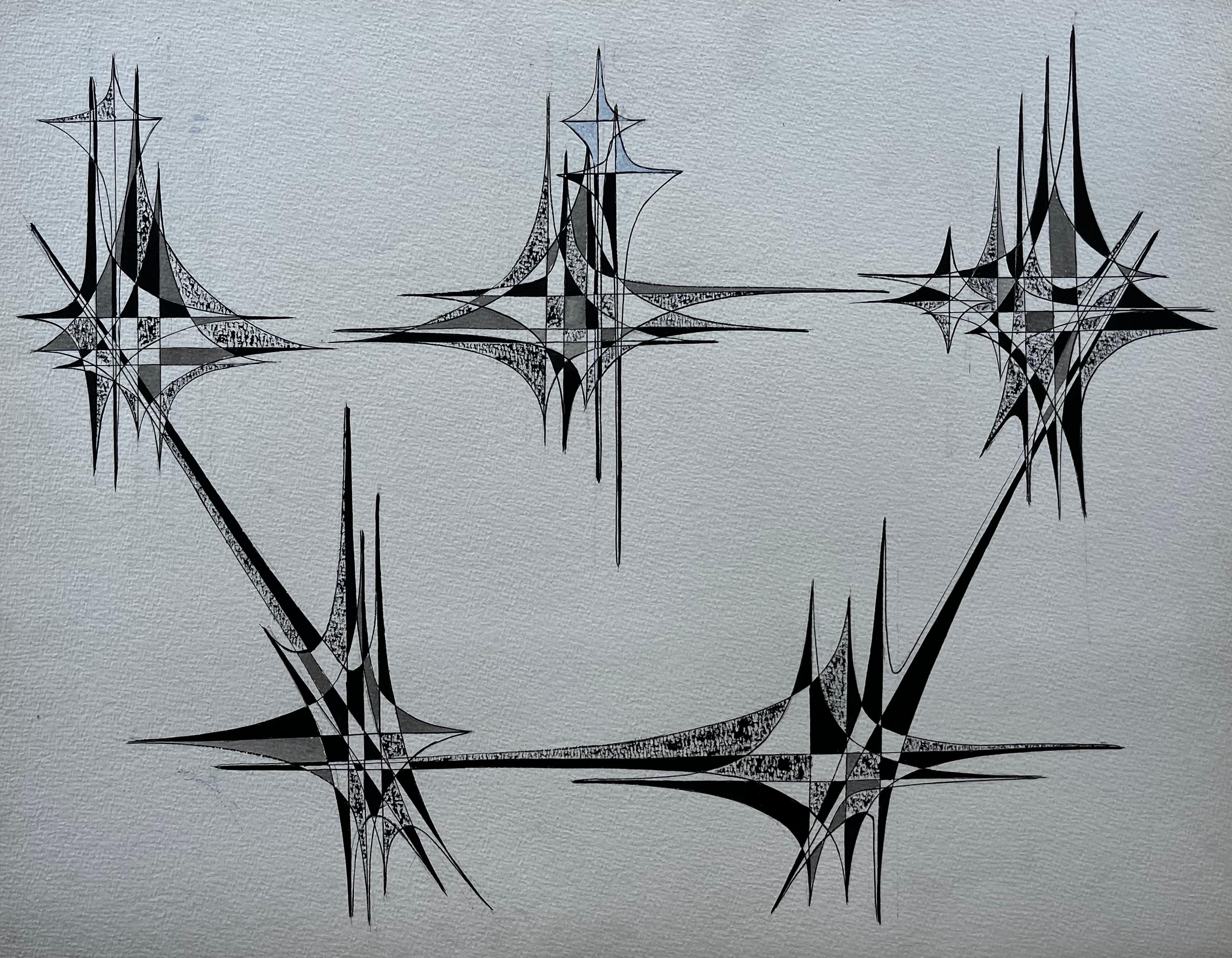 Mid Century French Geometric Abstract Starburst Composition Ink on Paper - Art by Serge Guerin (1916)