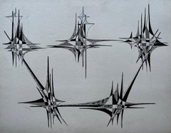 Mid Century French Geometric Abstract Starburst Composition Ink on Paper