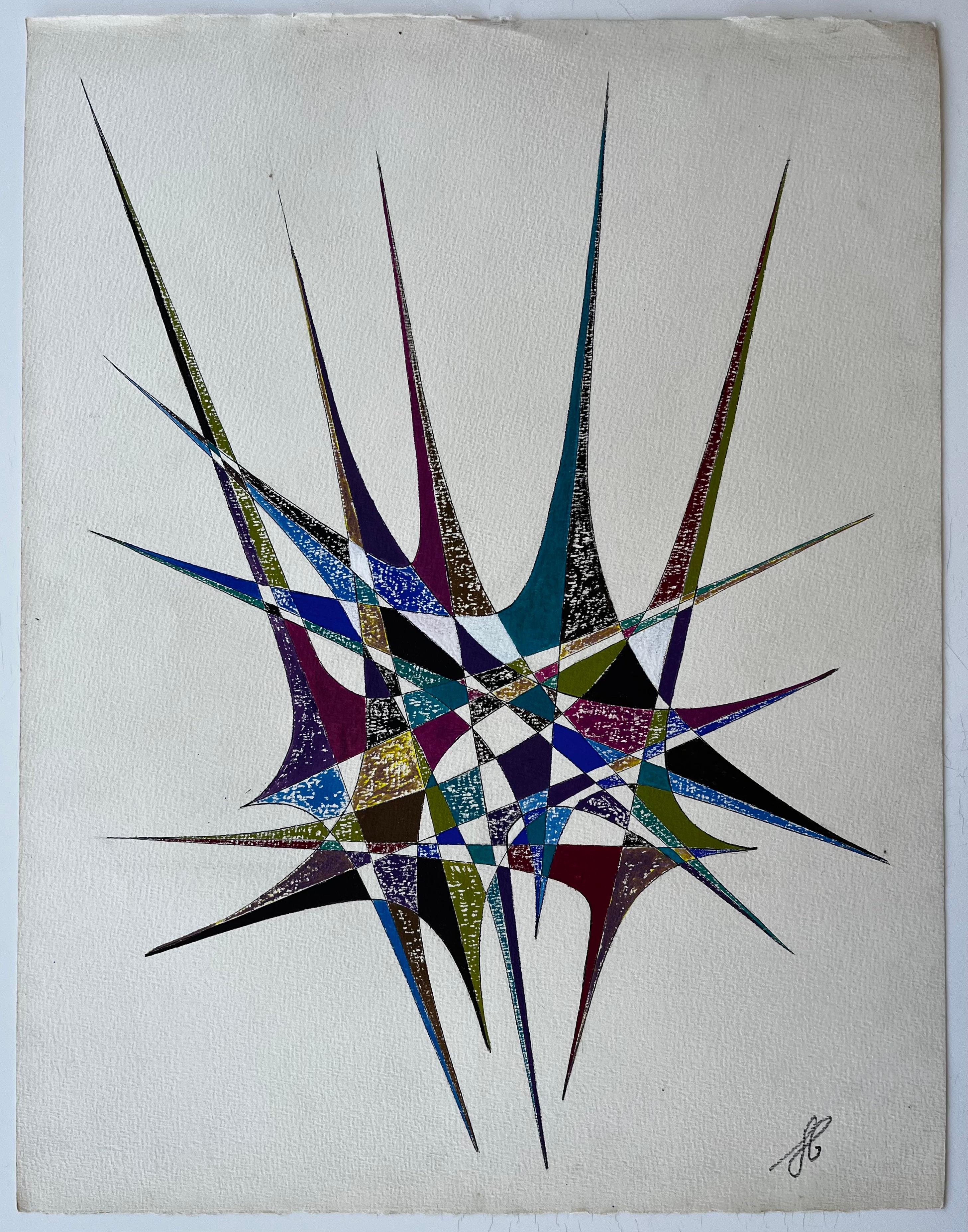 Combinaison géométrique abstraite du milieu du siècle en bleu, vert et violet - Géométrique abstrait Art par Serge Guerin (1916)
