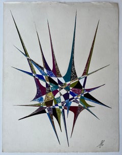 Mid Century French Geometric Abstract Starburst in Blau Grün und Lila