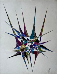 Mid Century French Geometric Abstract Starburst in Blue Green and Purple
