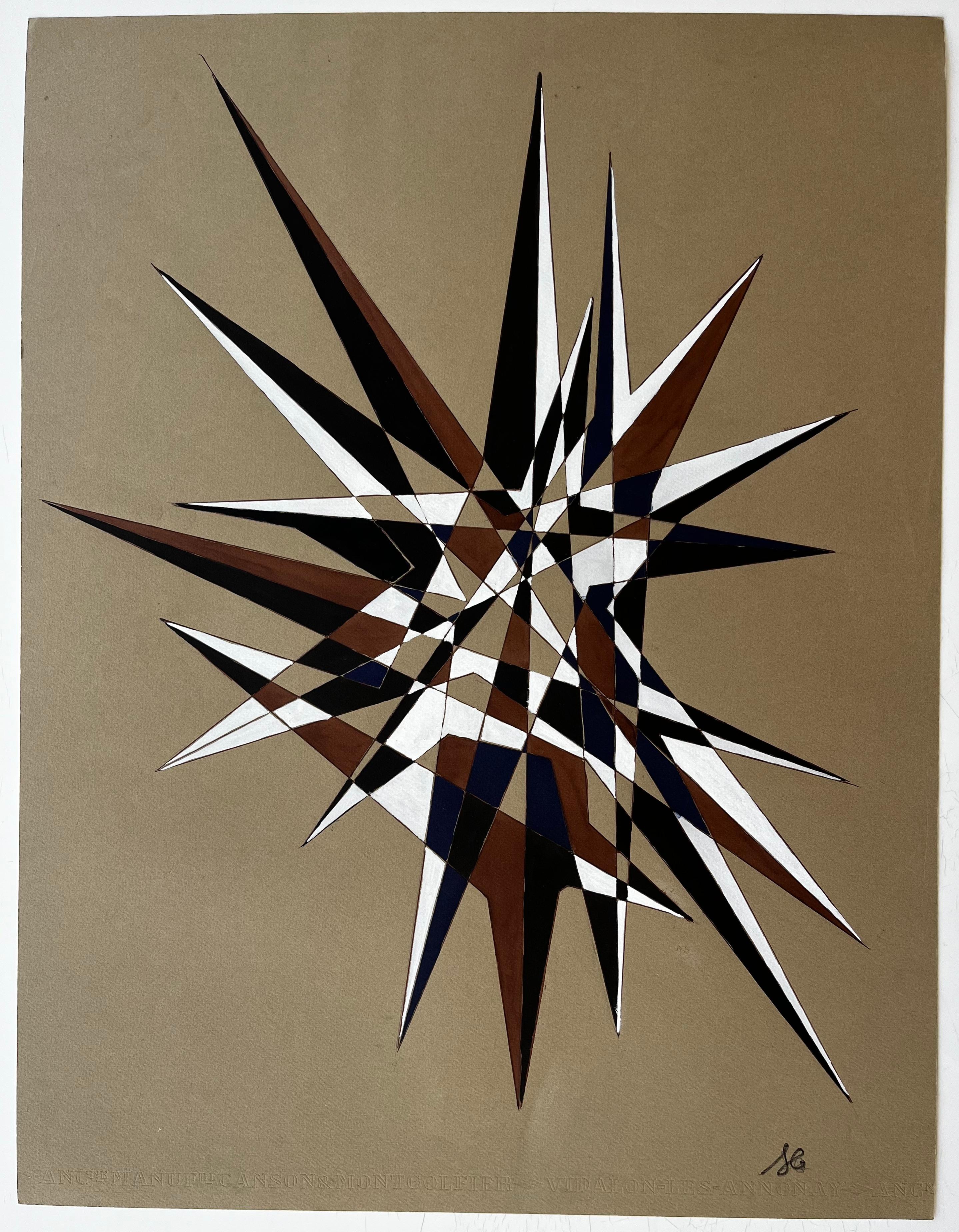 Mid Century French Geometric Abstract Starburst in Braun Blau und Weiß (Geometrische Abstraktion), Art, von Serge Guerin (1916)