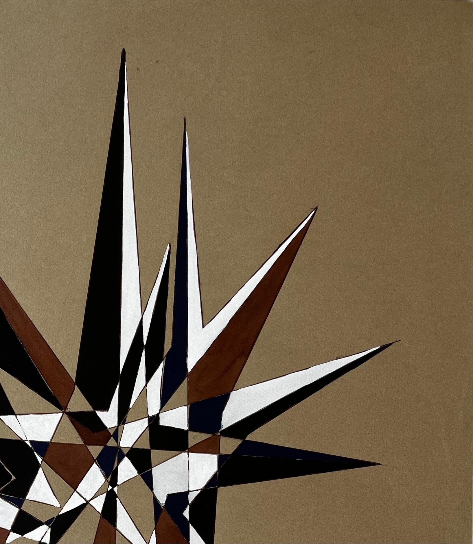 Titel: Mid Century French Geometric Abstract Starburst in Braun Blau und Weiß
von Serge Guerin (geb. 1916), Franzose
signiert unten rechts 