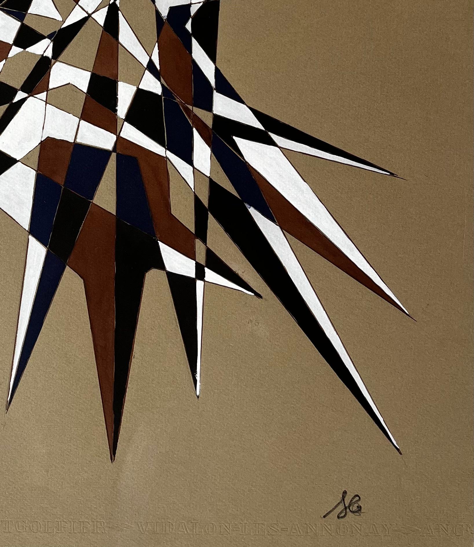 Mid Century French Geometric Abstract Starburst in Braun Blau und Weiß im Angebot 2