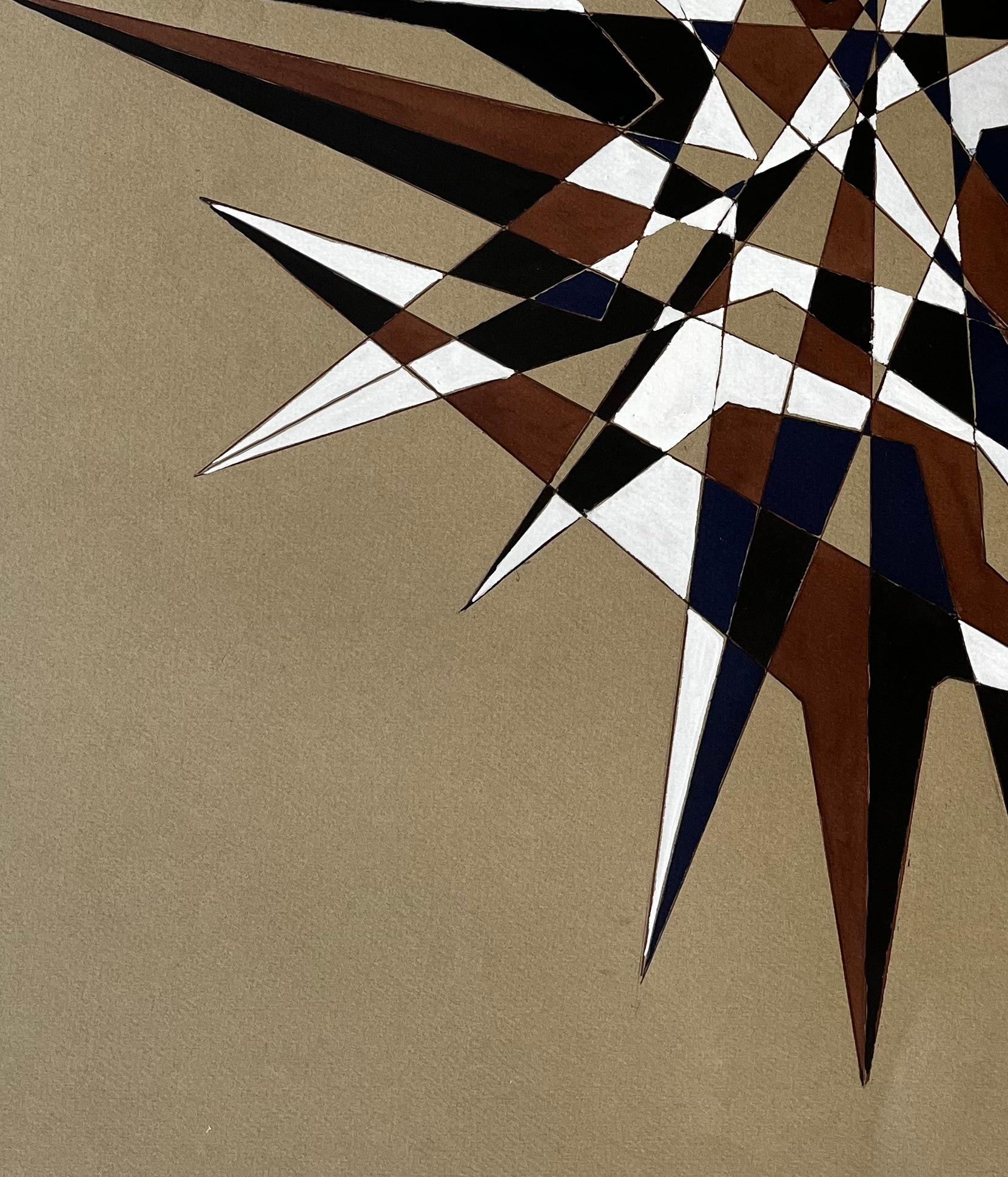Mid Century French Geometric Abstract Starburst in Braun Blau und Weiß im Angebot 3