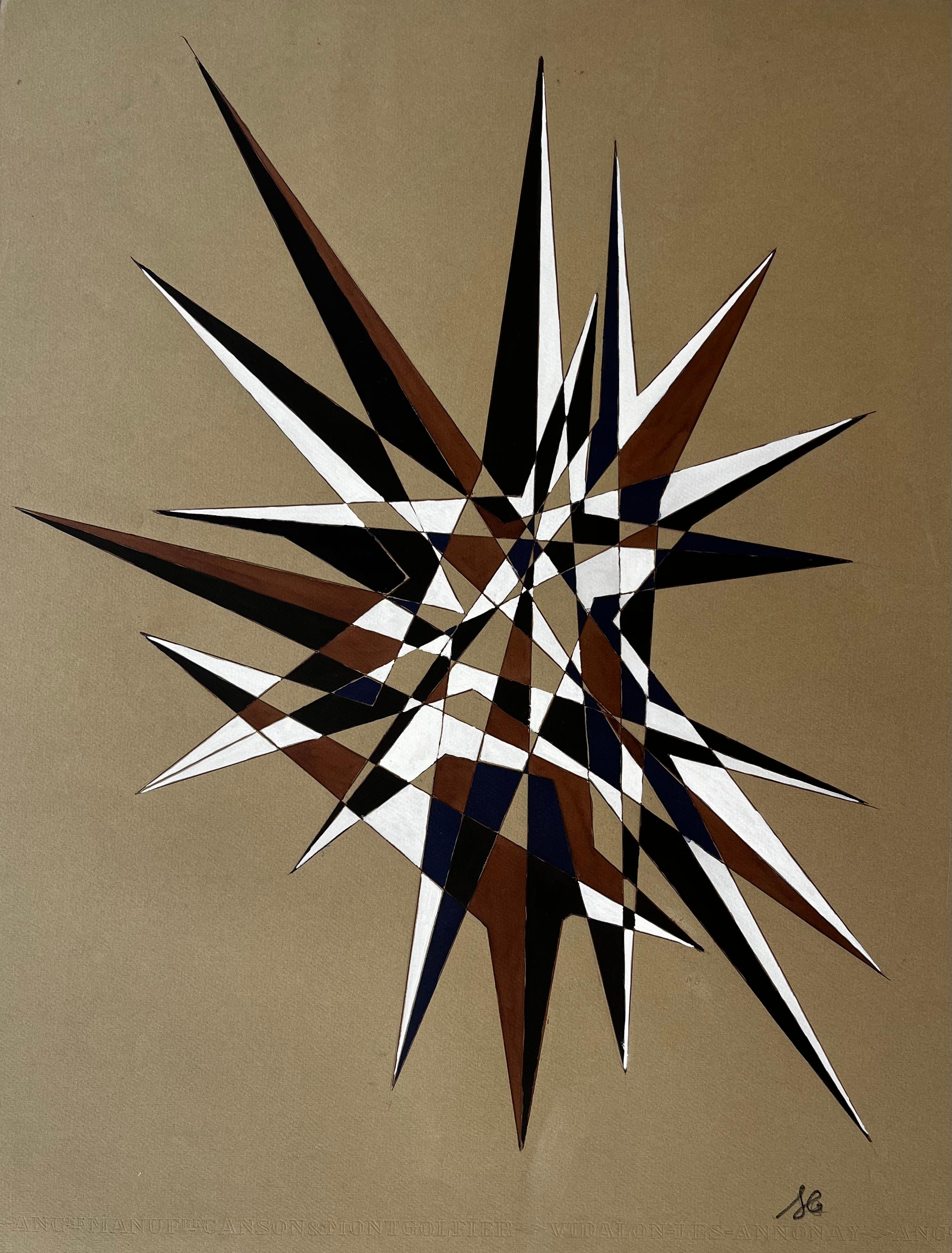 Mid Century French Geometric Abstract Starburst in Brown Blue and White