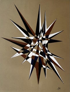 Mid Century French Geometric Abstract Starburst in Brown Blue and White