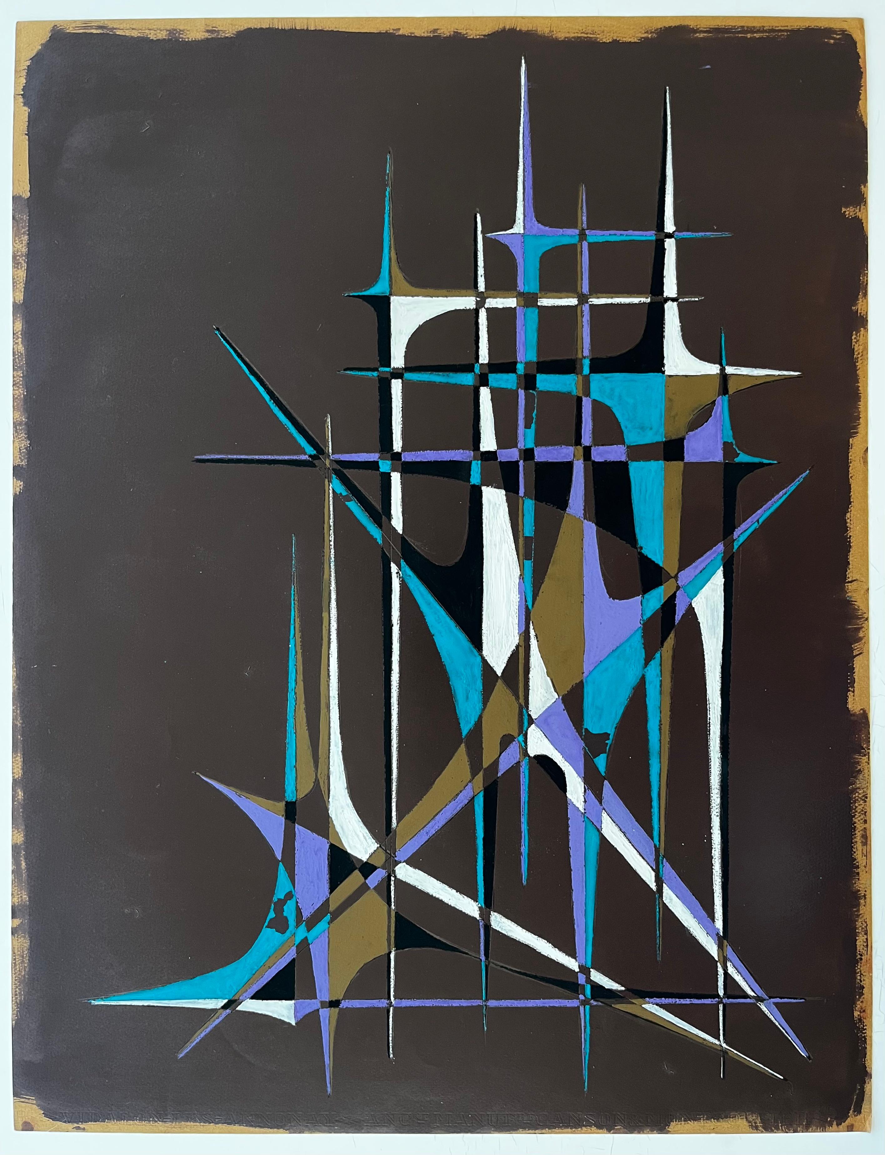 Französische geometrische Abstrakte aus der Mitte des Jahrhunderts mit Türmen in Teal Purple und Weiß (Geometrische Abstraktion), Art, von Serge Guerin (1916)