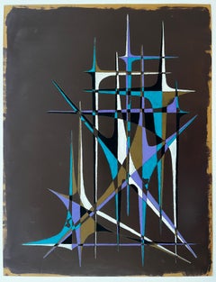 Abstrait géométrique français du milieu du siècle avec flèches en violet sarcelle et blanc