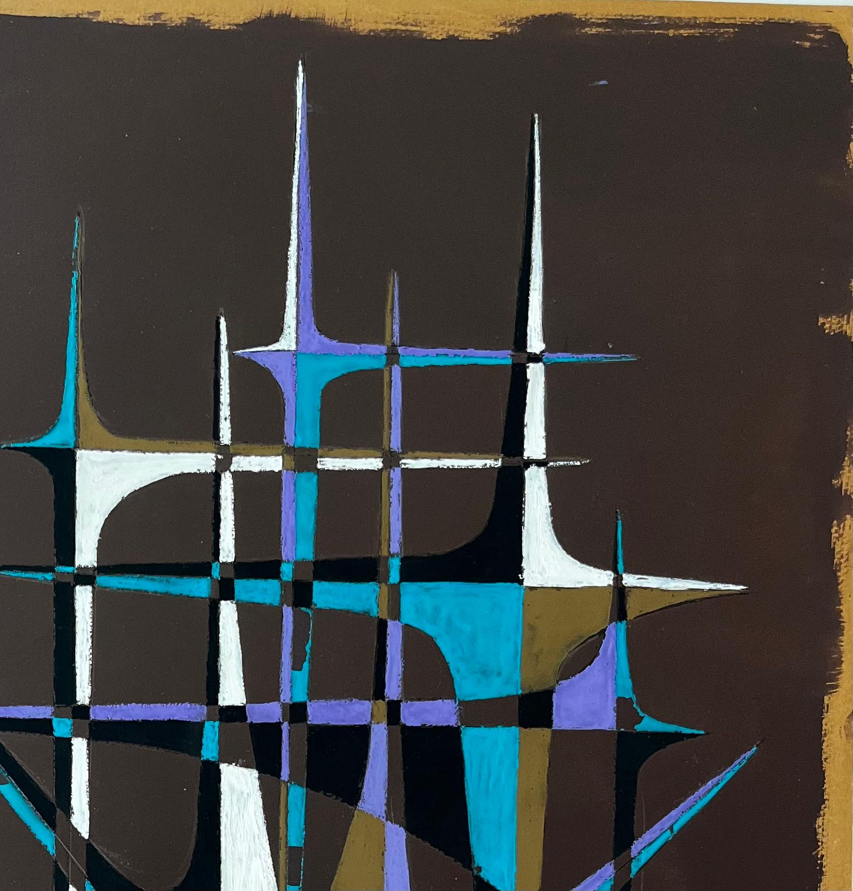 Titel: Französische geometrische Abstraktion aus der Mitte des Jahrhunderts mit Türmen in Teal Purple und Weiß
von Serge Guerin (geb. 1916), Franzose
Acryl und Gouache auf Künstlerpapier, ungerahmt
Größe: 25,75 (Höhe) x 19,75 (Breite)