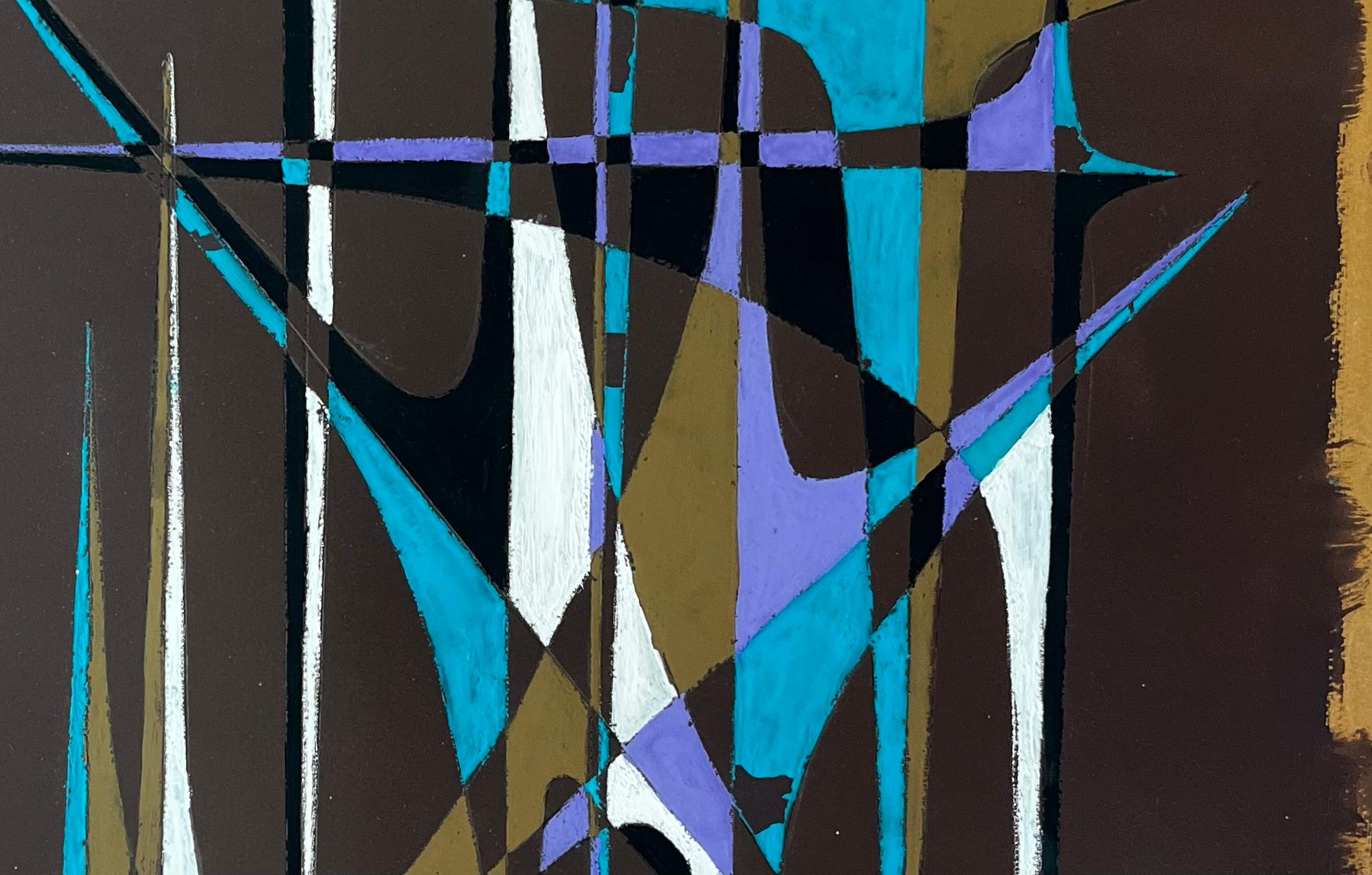 Französische geometrische Abstrakte aus der Mitte des Jahrhunderts mit Türmen in Teal Purple und Weiß im Angebot 1
