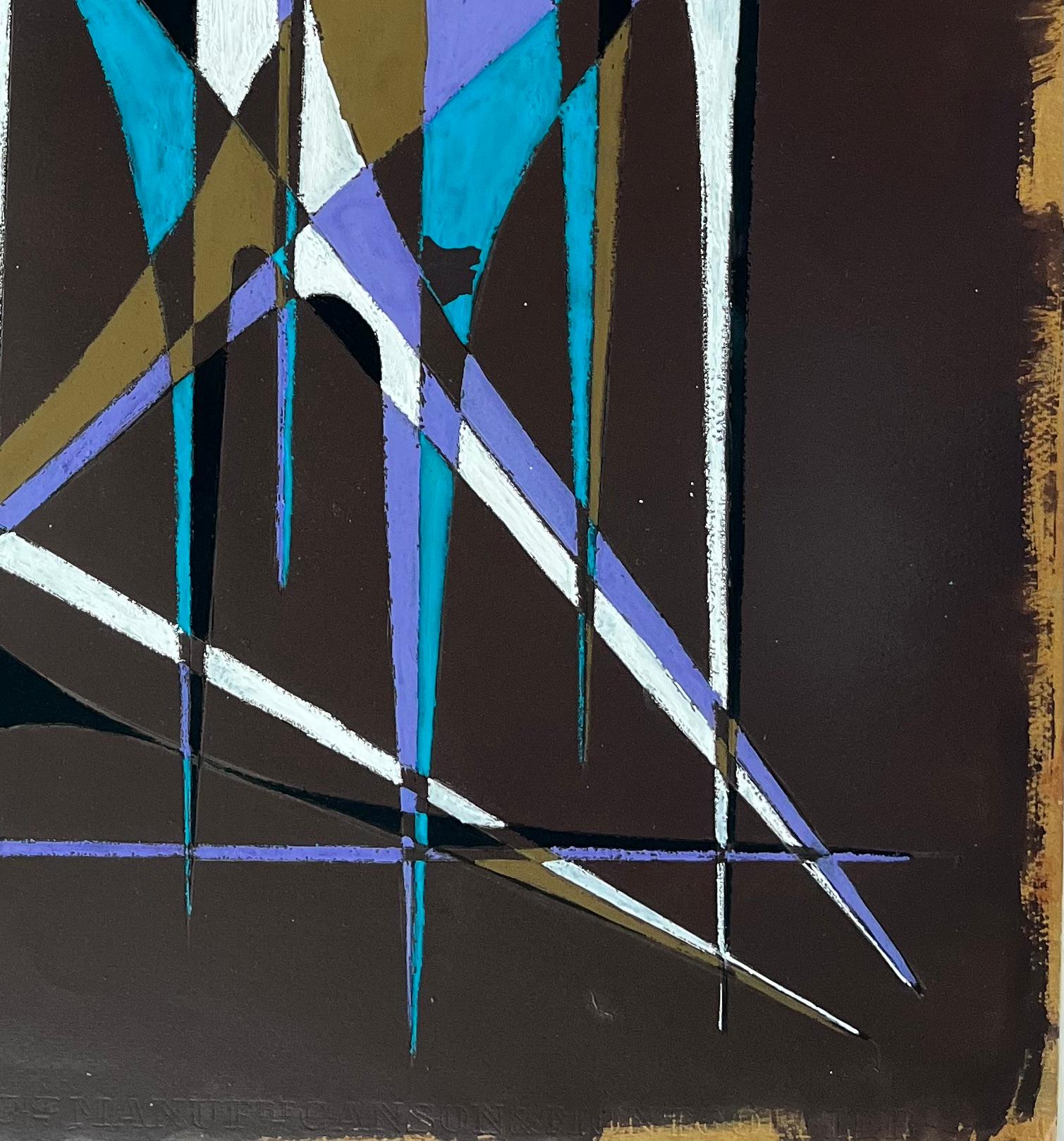 Französische geometrische Abstrakte aus der Mitte des Jahrhunderts mit Türmen in Teal Purple und Weiß im Angebot 2