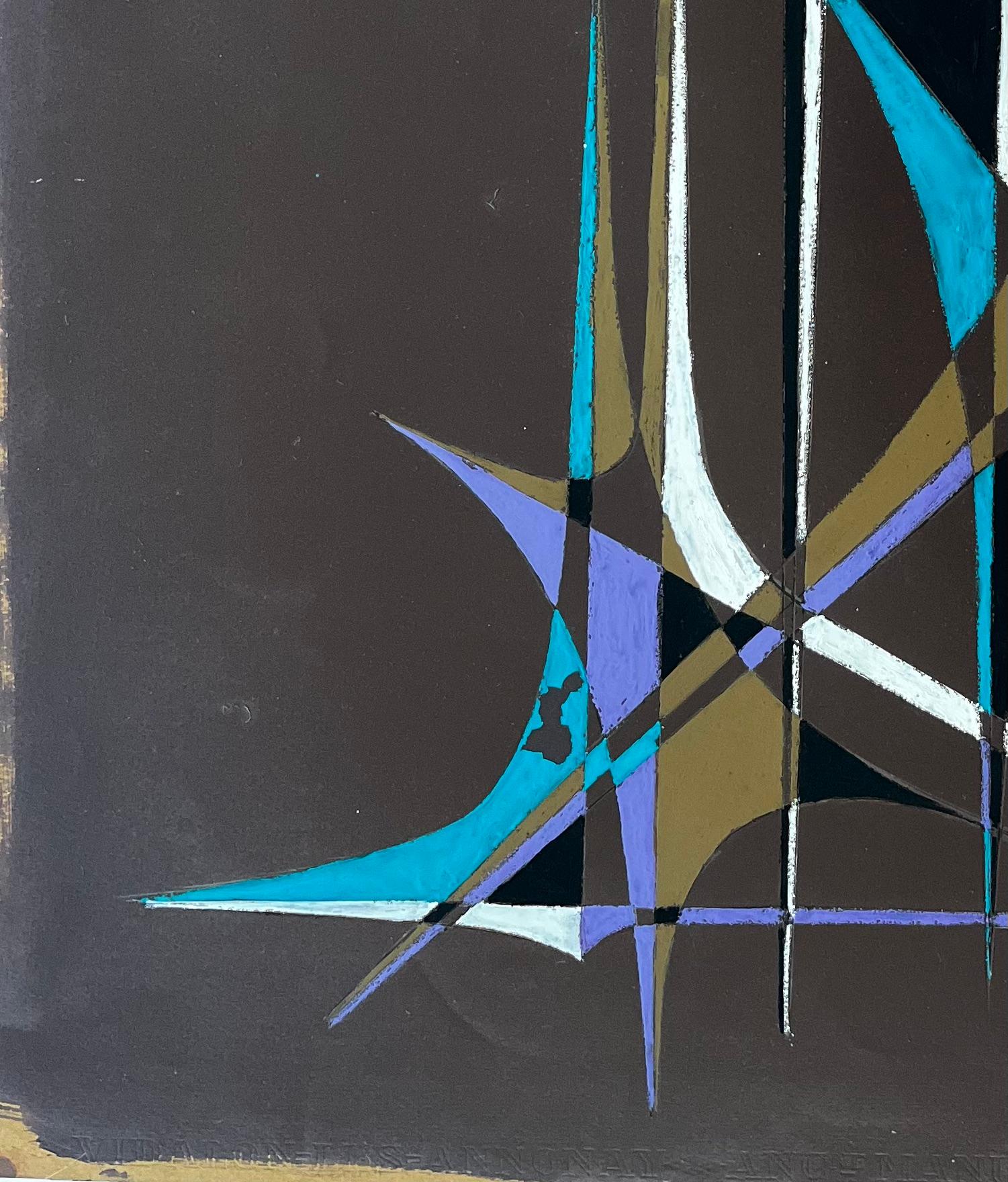 Französische geometrische Abstrakte aus der Mitte des Jahrhunderts mit Türmen in Teal Purple und Weiß im Angebot 3