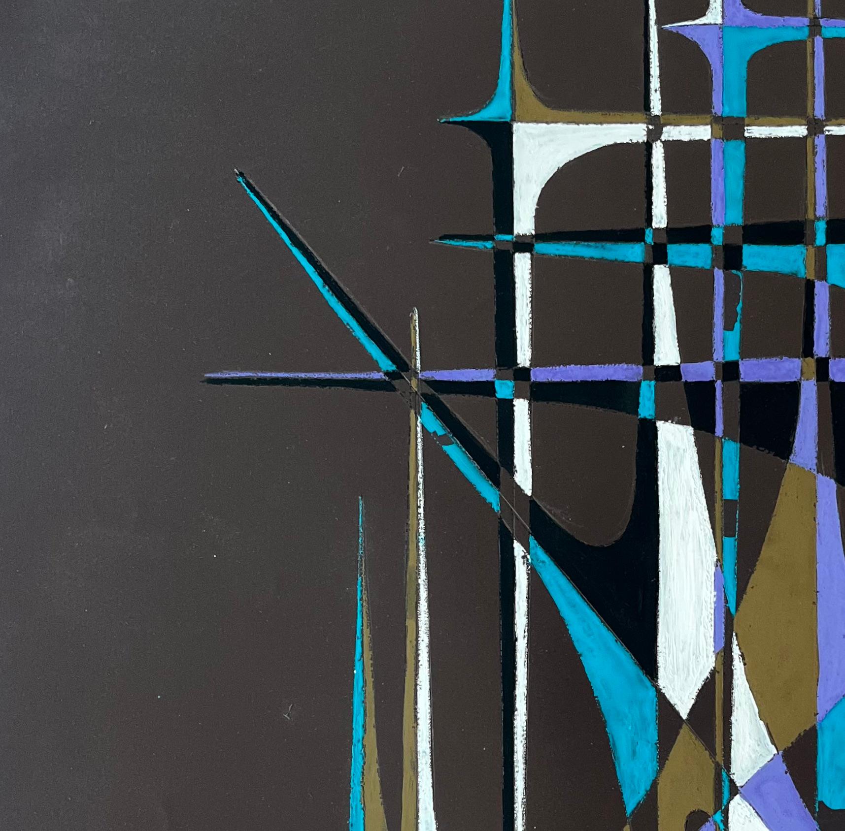Französische geometrische Abstrakte aus der Mitte des Jahrhunderts mit Türmen in Teal Purple und Weiß im Angebot 4
