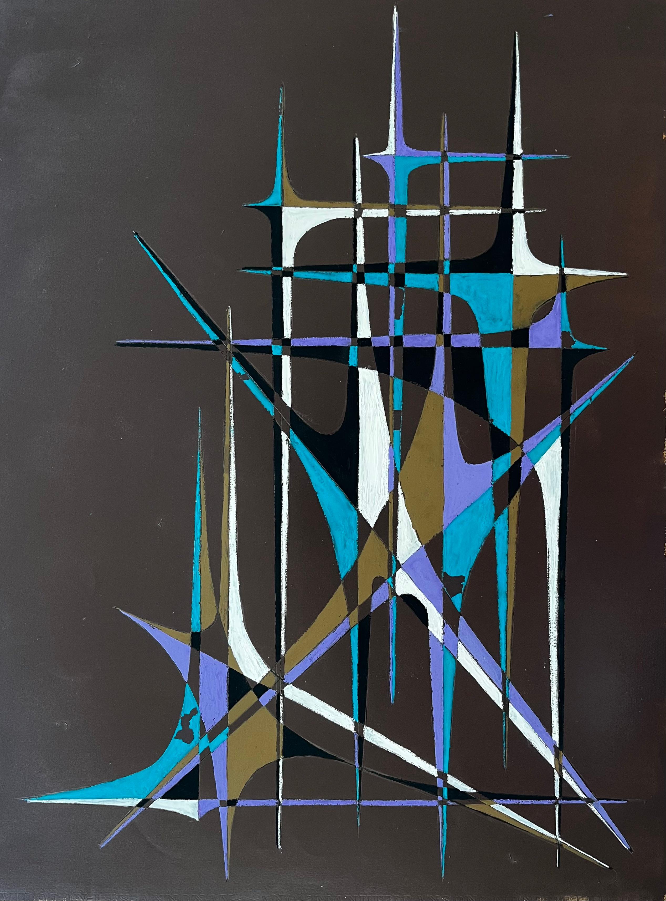 Französische geometrische Abstrakte aus der Mitte des Jahrhunderts mit Türmen in Teal Purple und Weiß