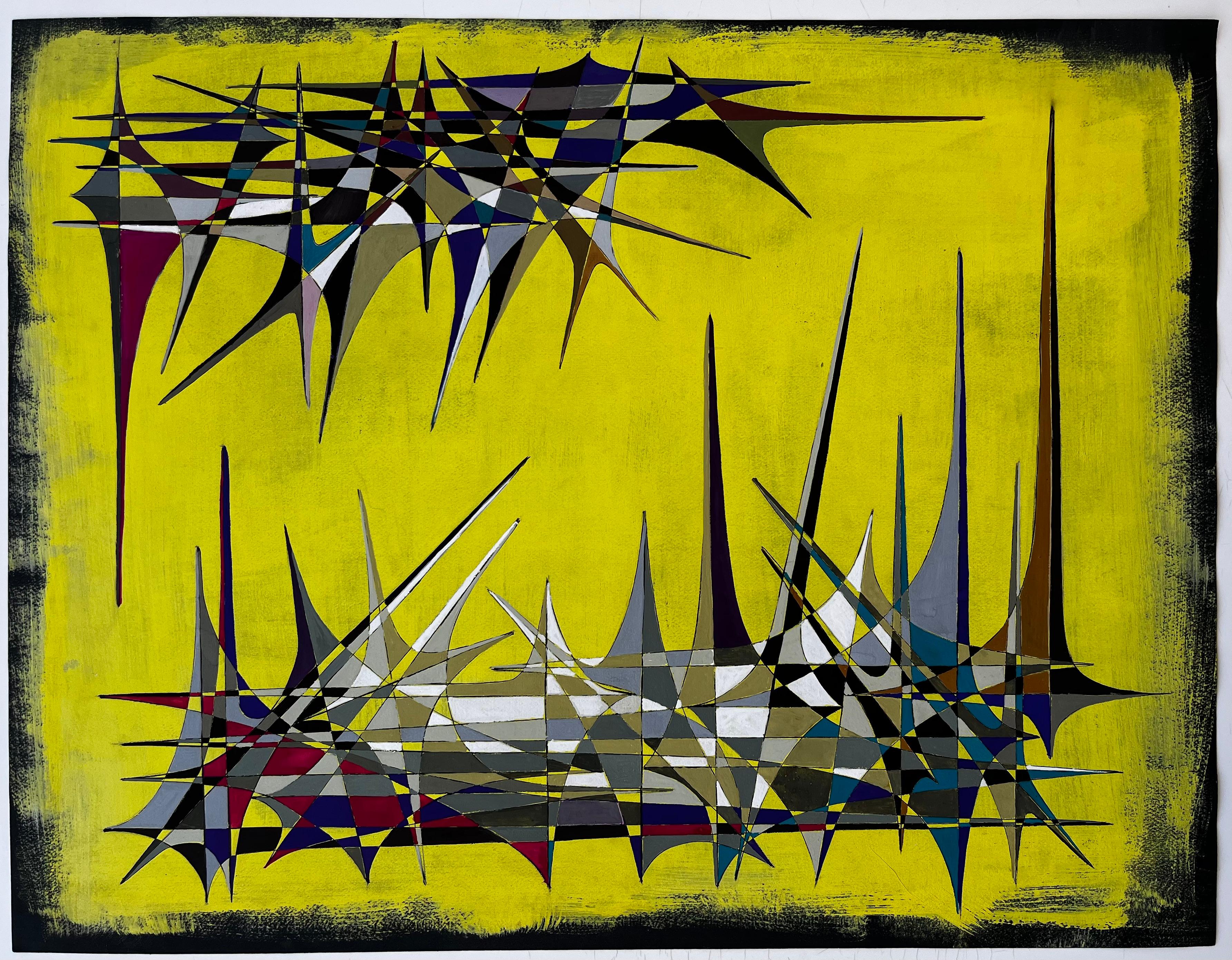 Abstrait géométrique français du milieu du siècle avec des flèches sur fond jaune - Géométrique abstrait Art par Serge Guerin (1916)