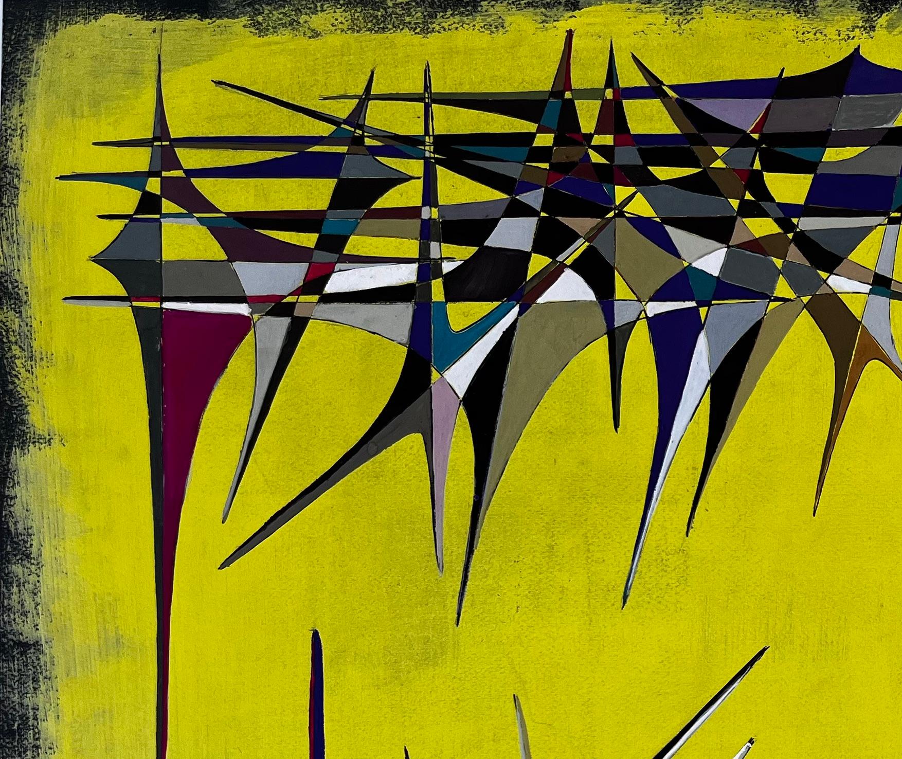 Titre : Abstrait géométrique français du milieu du siècle avec des flèches sur fond jaune
de Serge Guerin (né en 1916), Français
Acrylique et gouache sur papier d'artiste, non encadré
Taille : 19.75 (hauteur) x 25.75 (largeur) pouces
Collectional :