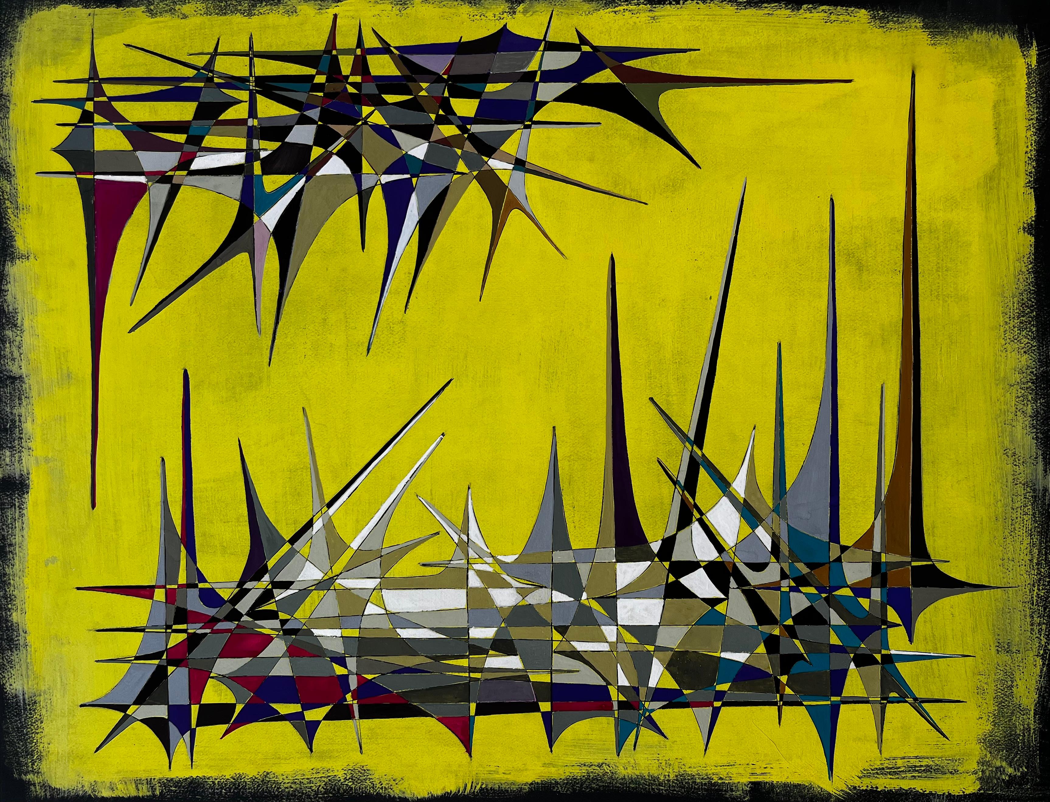 Abstrait géométrique français du milieu du siècle avec des flèches sur fond jaune