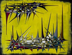 Mid Century French Geometric Abstract with Spires on Yellow Background