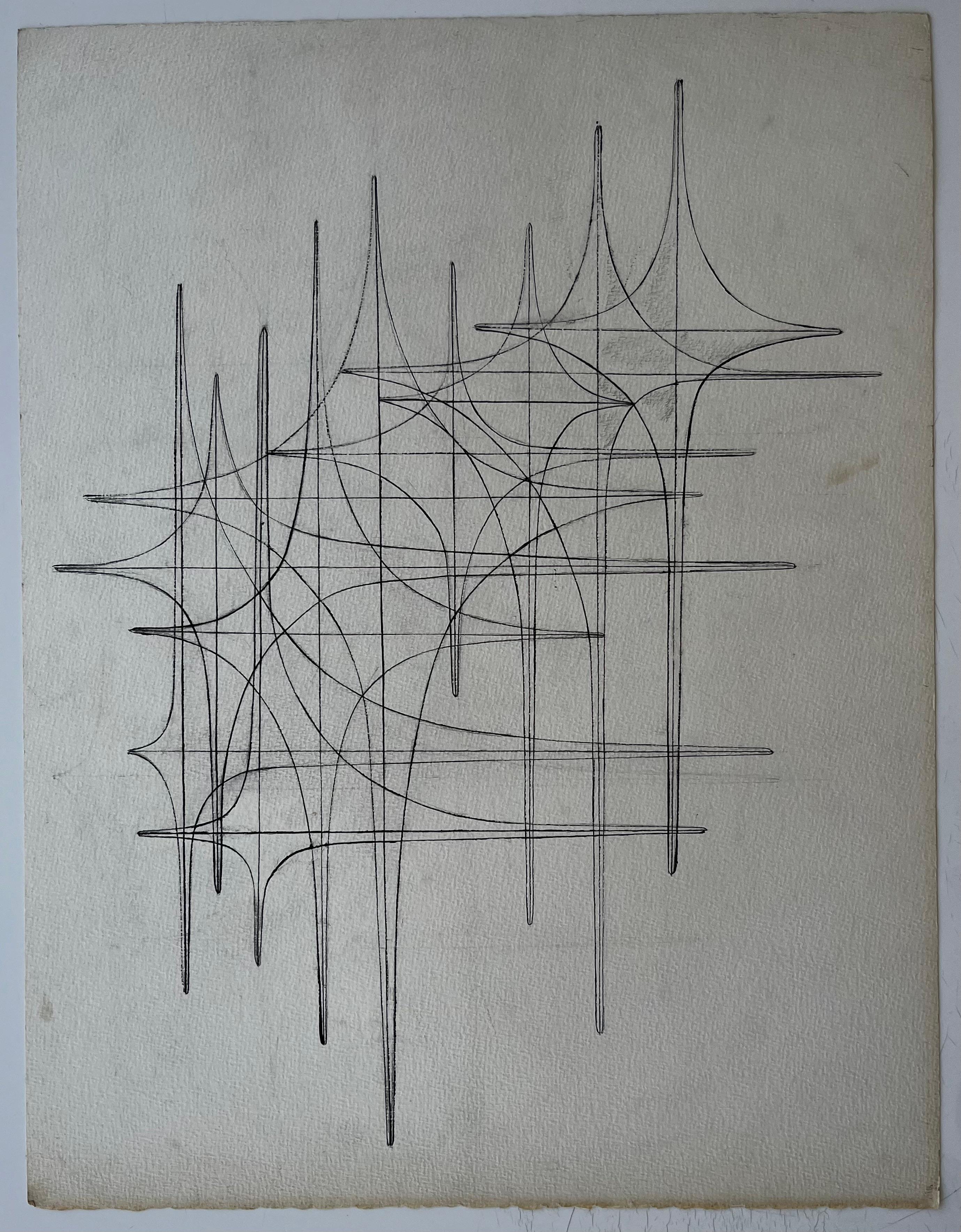 Mid Century French Linear Geometric Abstract Drawing in Black Ink on Paper - Painting by Serge Guerin (1916)