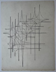 Disegno astratto geometrico lineare su carta con inchiostro nero della metà del secolo scorso.