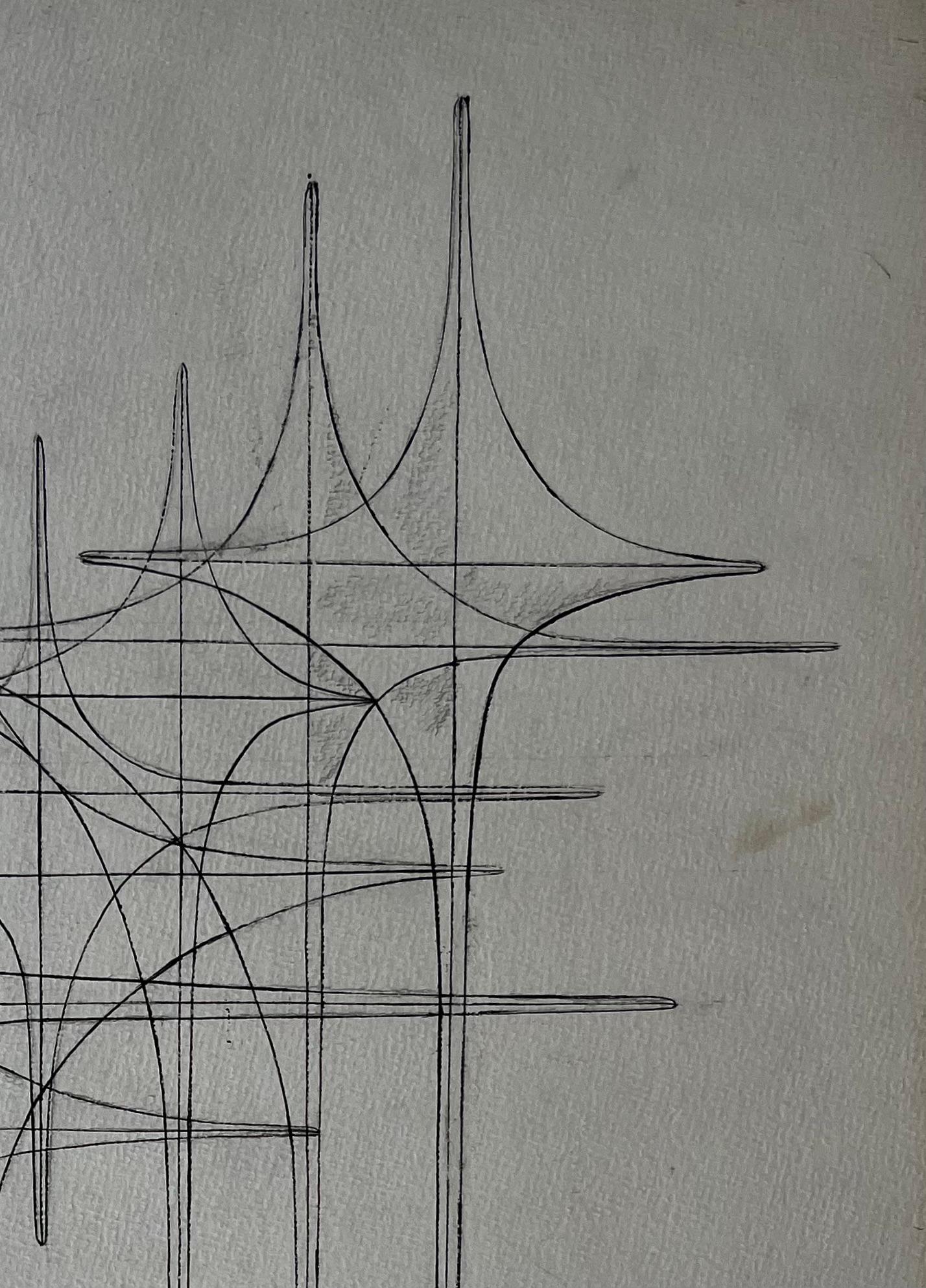 Mid Century French Linear Geometric Abstract Drawing in Black Ink on Paper - Abstract Geometric Painting by Serge Guerin (1916)