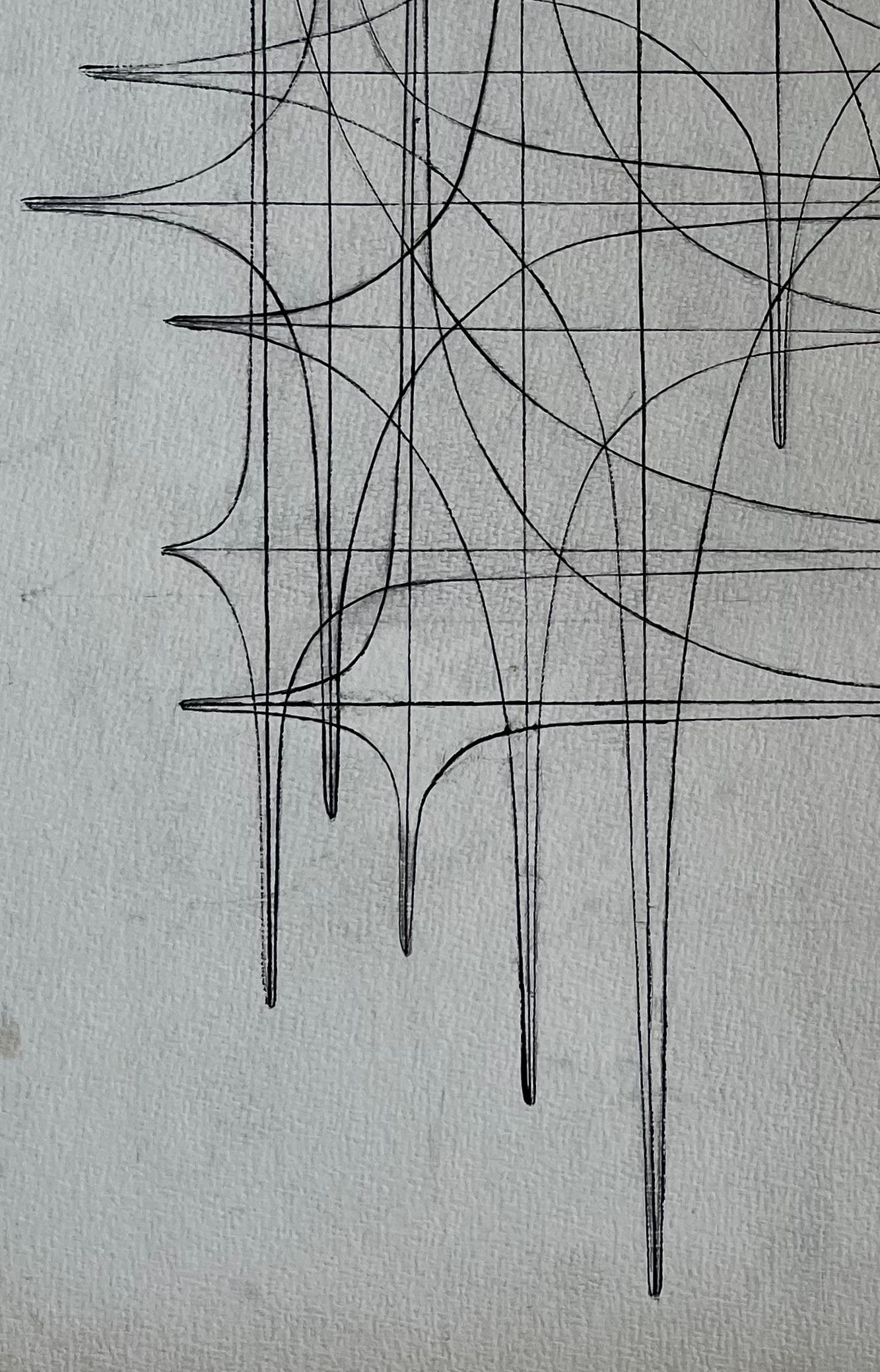 Mid Century French Linear Geometric Abstract Drawing in Black Ink on Paper For Sale 1