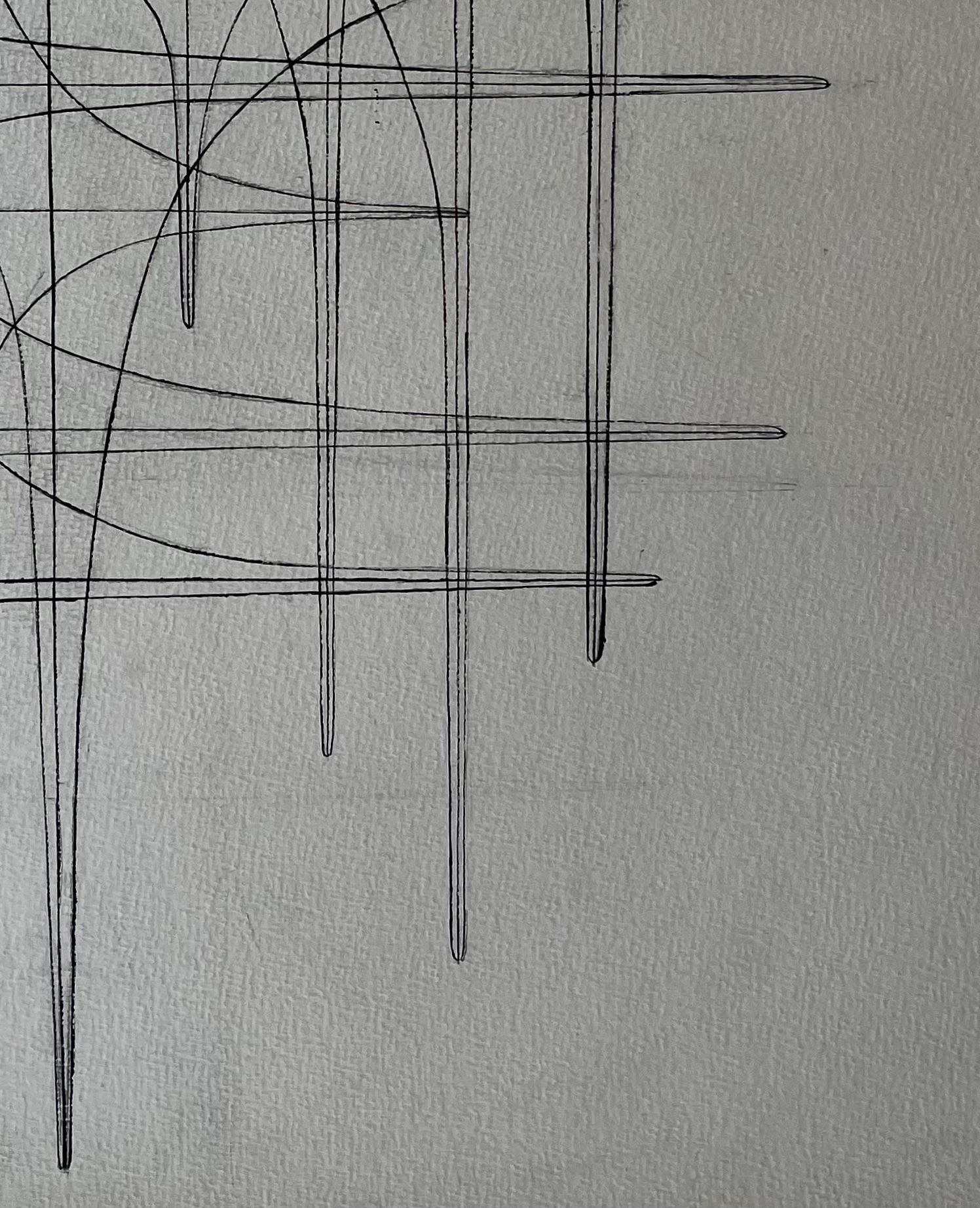 Mid Century French Linear Geometric Abstract Drawing in Black Ink on Paper For Sale 2